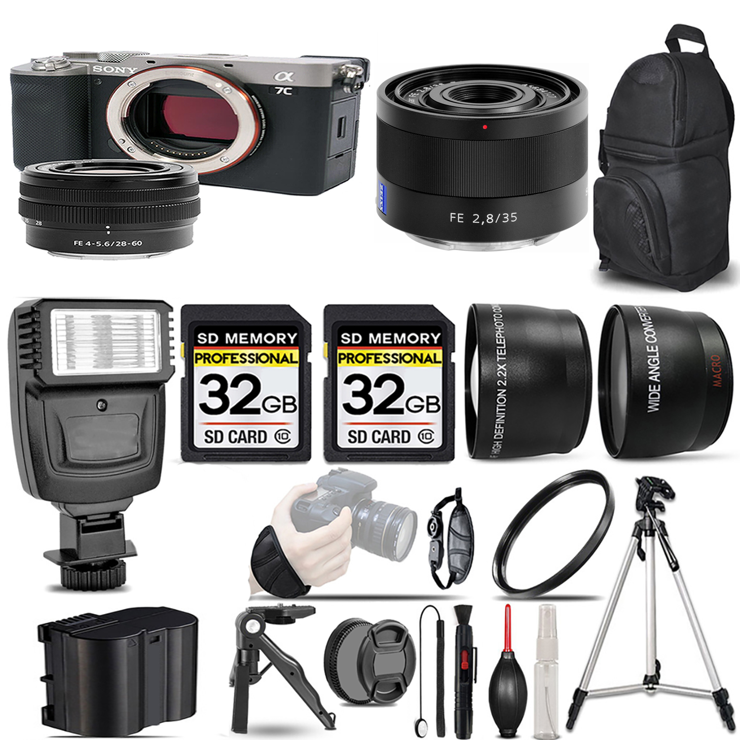 Alpha a7C Mirrorless Camera (Silver) + 28-60mm Lens + 35mm Lens+ Flash + 64GB *FREE SHIPPING*