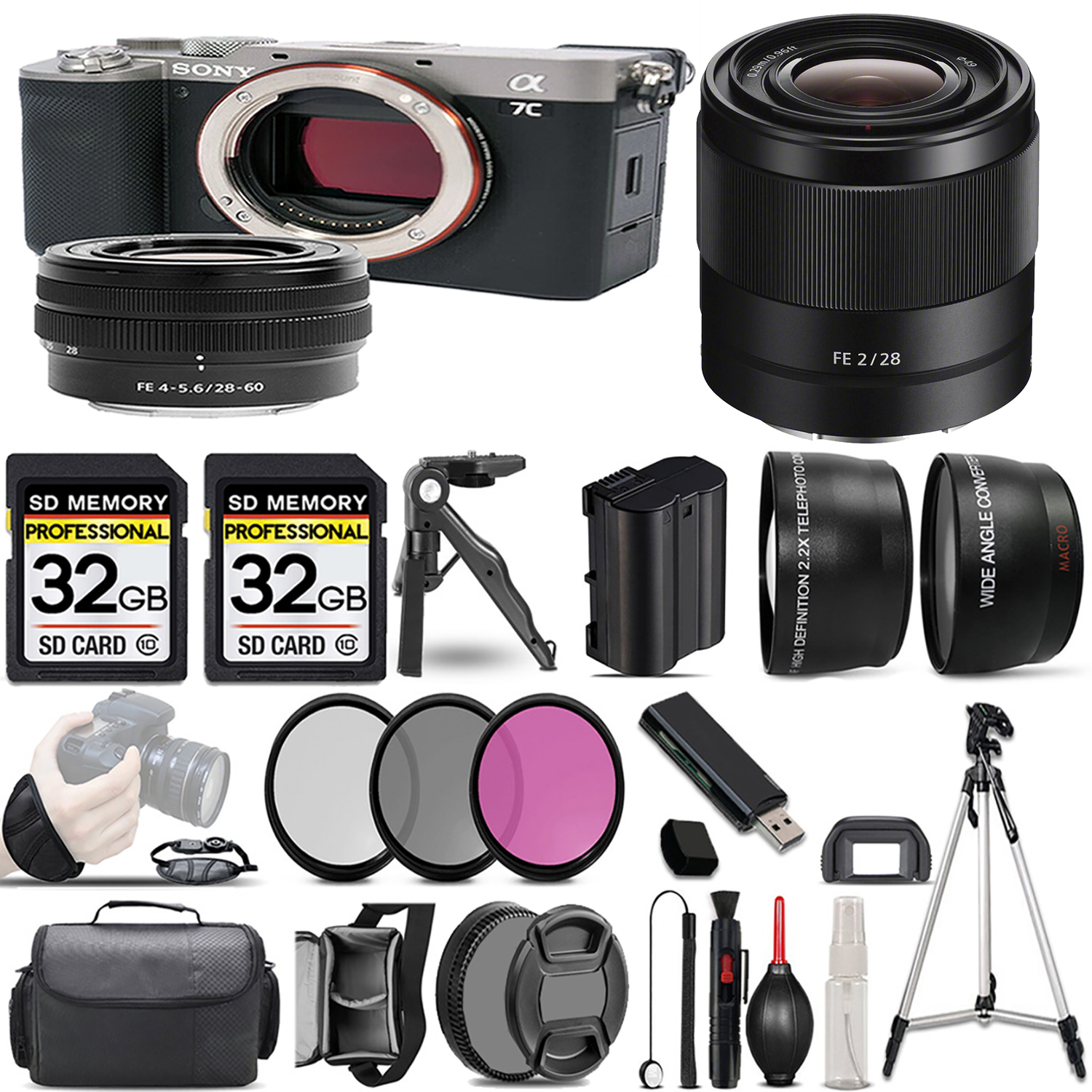 Alpha a7C Camera (Silver) + 28-60mm Lens + 28mm f/2 Lens + 3 Piece Filter Set + 64GB *FREE SHIPPING*