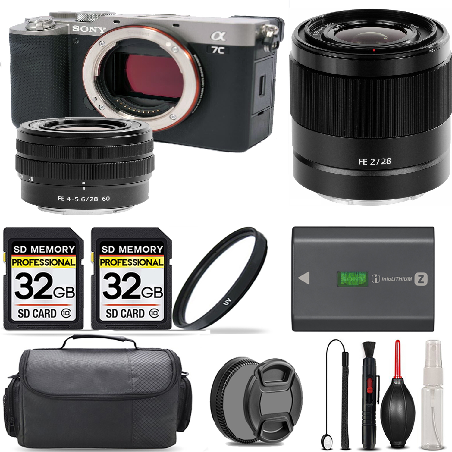 Alpha a7C Camera (Silver) + 28-60mm Lens + 28mm f/2 Lens + UV Filter + 64GB Kit *FREE SHIPPING*