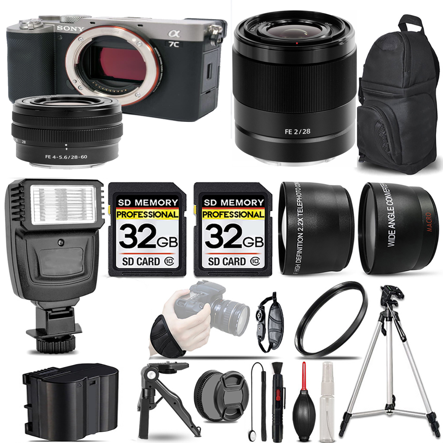 Alpha a7C Mirrorless Camera (Silver) + 28-60mm Lens + 28mm f/2 Lens + Flash + 64GB *FREE SHIPPING*