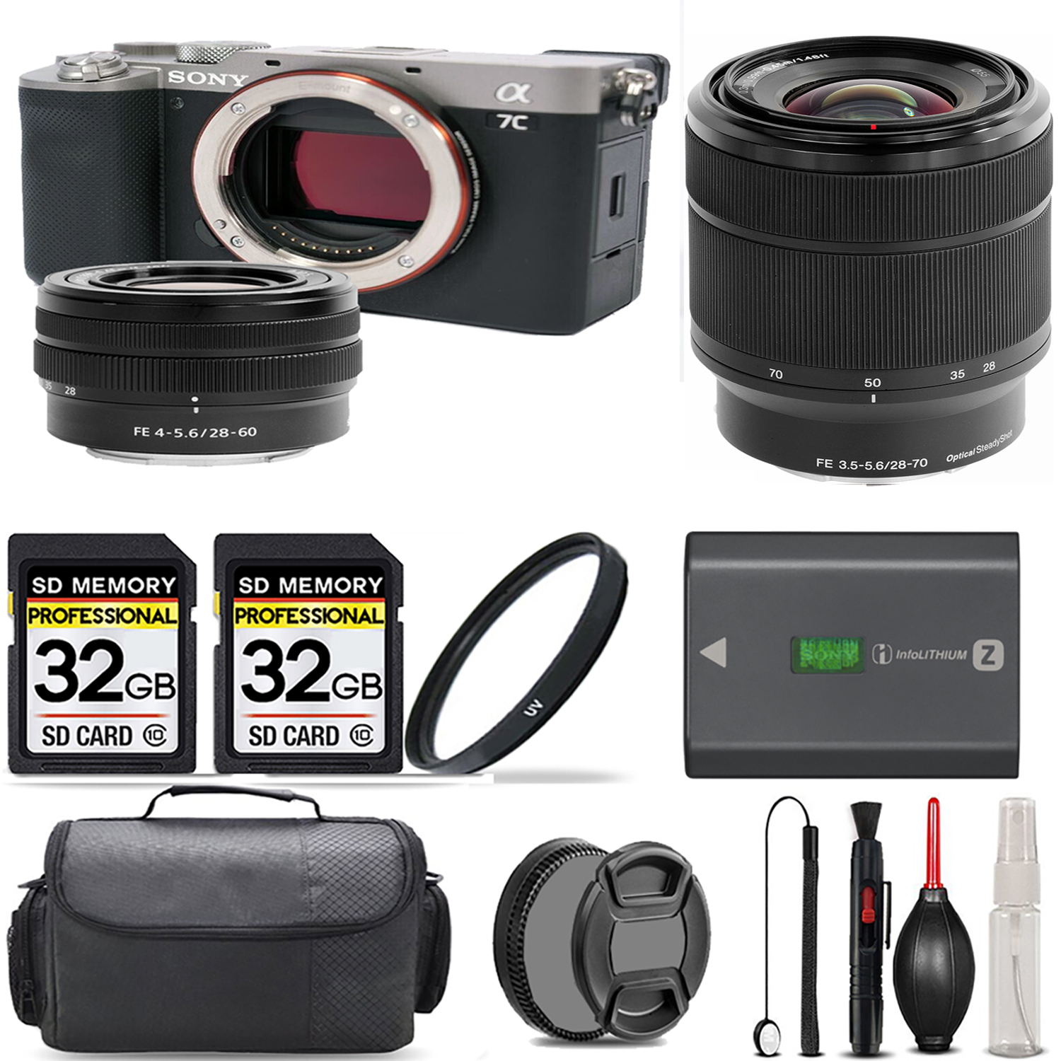 Alpha a7C Camera (Silver) + 28-60mm Lens + 28-70mm Lens + UV Filter + 64GB & More! *FREE SHIPPING*