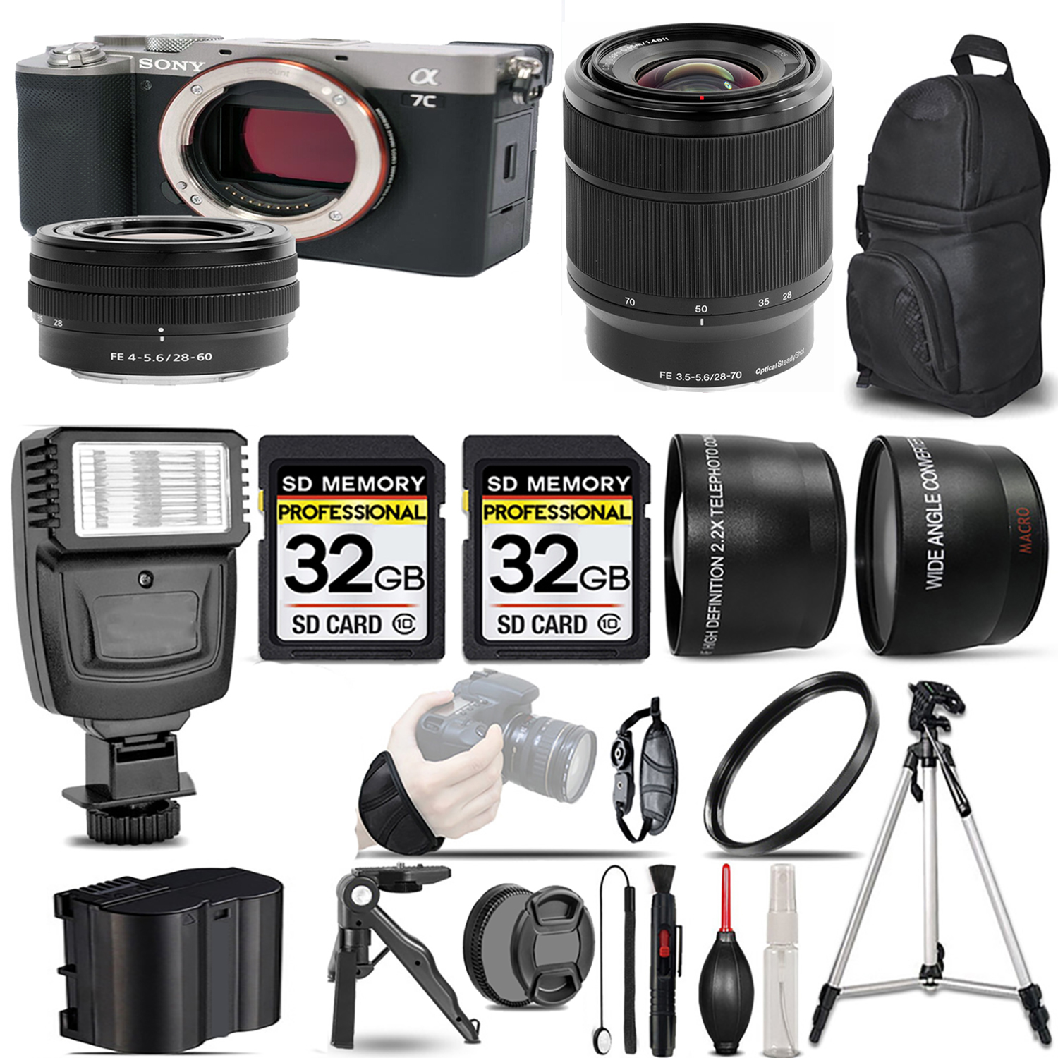 Alpha a7C Camera (Silver) + 28-60mm Lens + 28-70mm f/3.5-5.6 OSS Lens + Flash + 64GB *FREE SHIPPING*