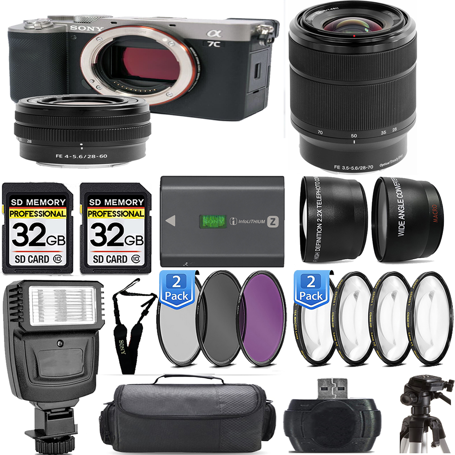 Alpha a7C Camera (Silver) + 28-60mm Lens + 28-70mm f/3.5-5.6 OSS Lens + Flash - Kit *FREE SHIPPING*