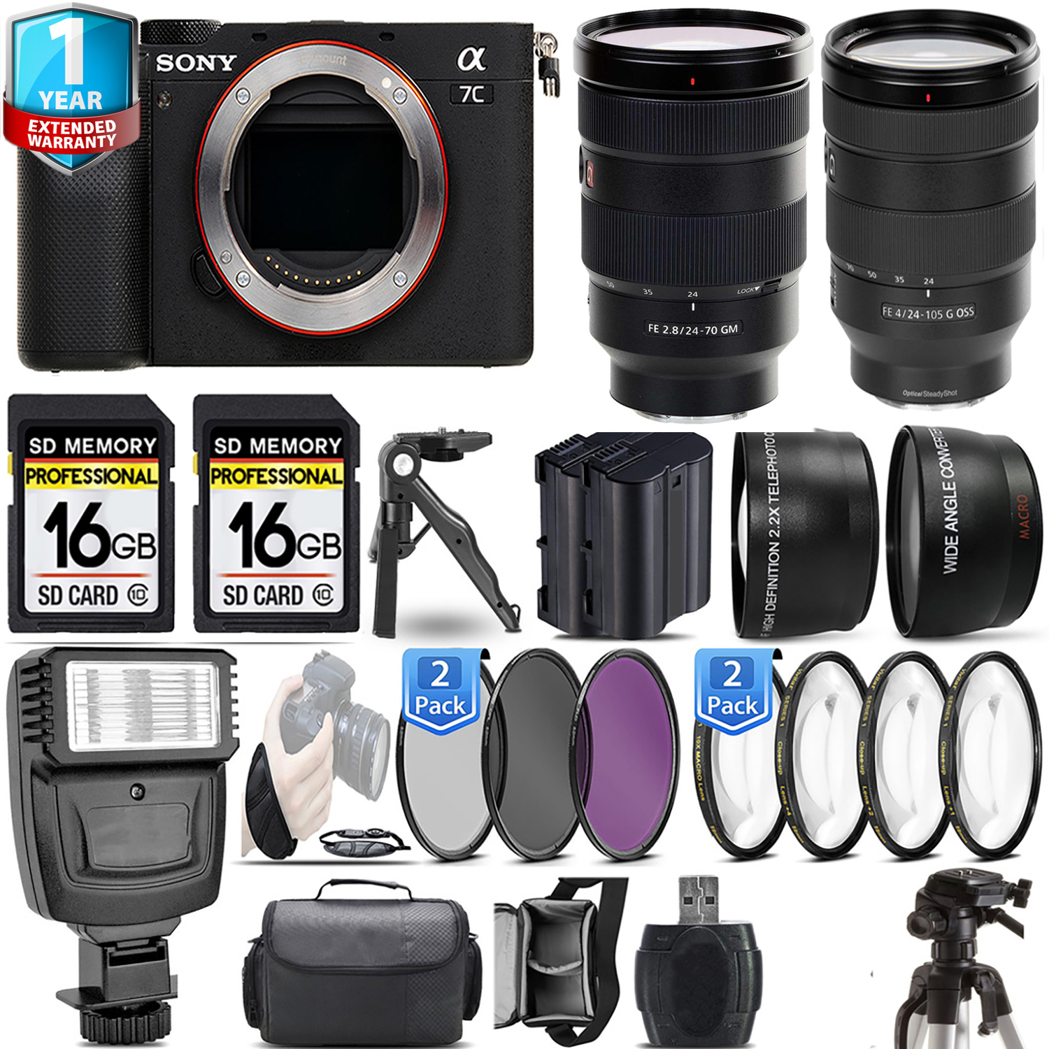 Alpha a7C Camera (Silver) + 24-70mm Lens + 70- 300mm + 1 Year Extended Warranty + 3 Piece Filter Set- Kit *FREE SHIPPING*
