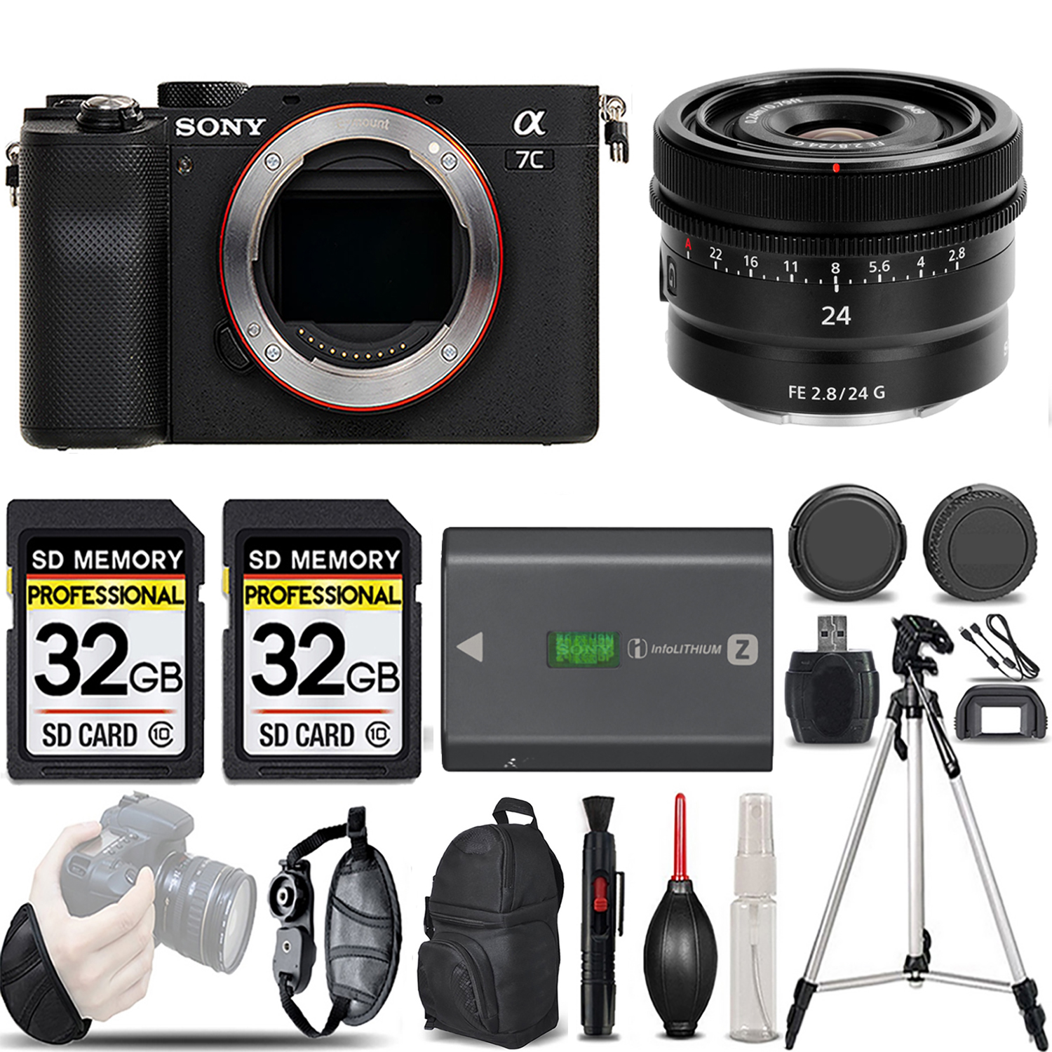 Alpha a7C Camera (Silver) + 24mm Lens + Extra Battery + 64GB -Basic Kit *FREE SHIPPING*