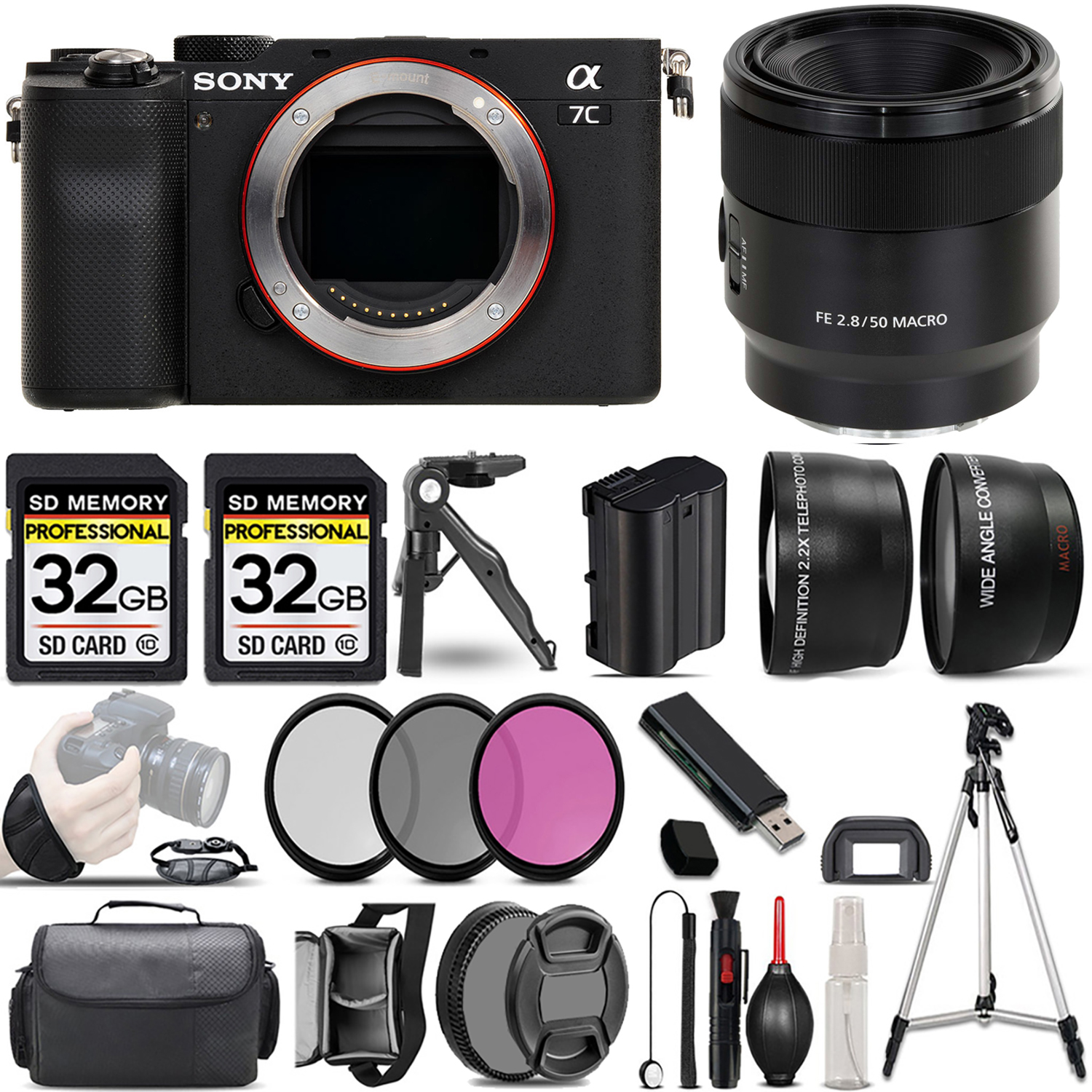 Alpha a7C Camera (Silver) + 50mm Macro Lens + 3 Piece Filter Set + 64GB - Basic Kit *FREE SHIPPING*