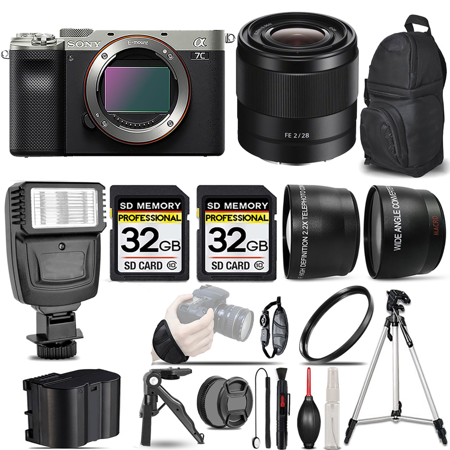 a7C Camera (Silver)  +28mm f/2 Lens +Flash +64GB+ UV Filter+ Tripod *FREE SHIPPING*