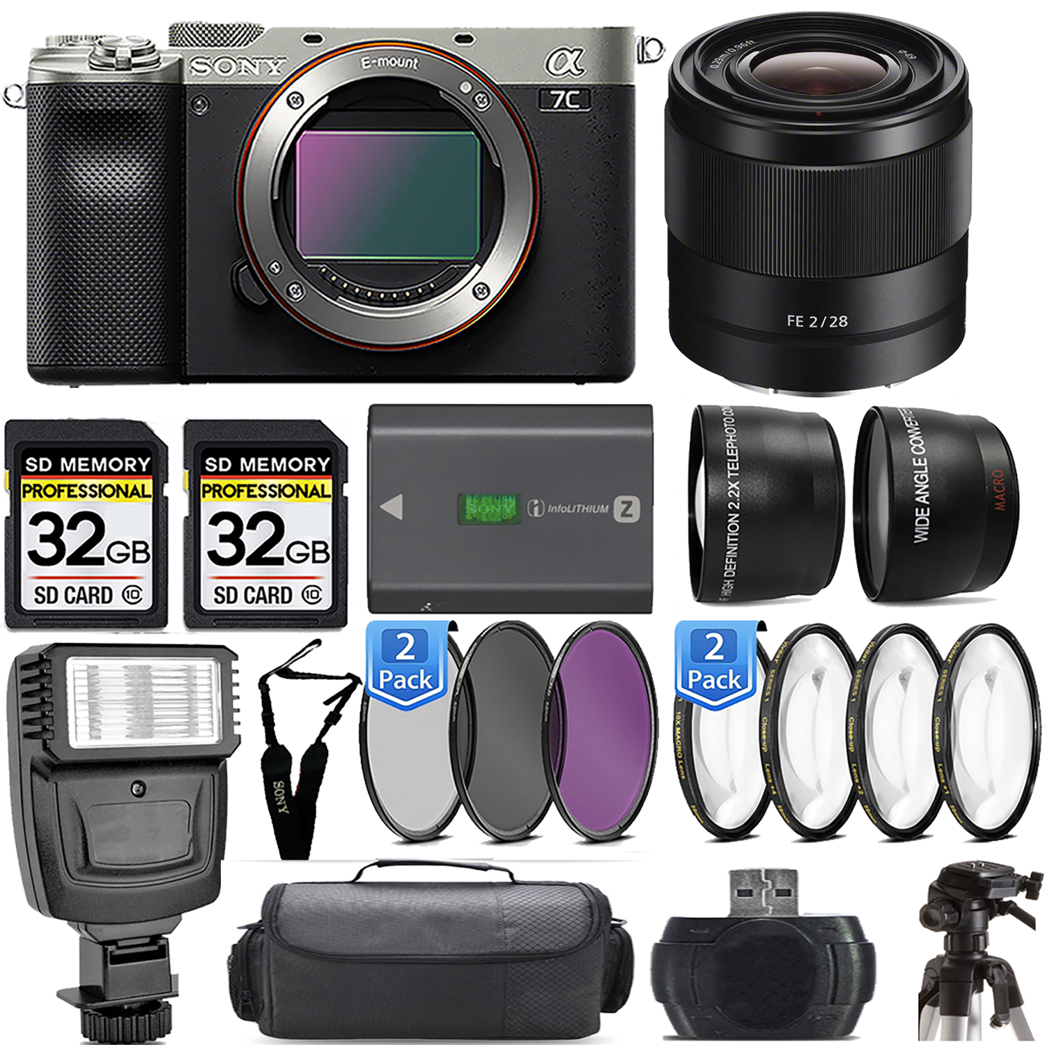 a7C Camera (Silver)  +28mm f/2 Lens +Flash+ Extra Battery -Mega Kit *FREE SHIPPING*