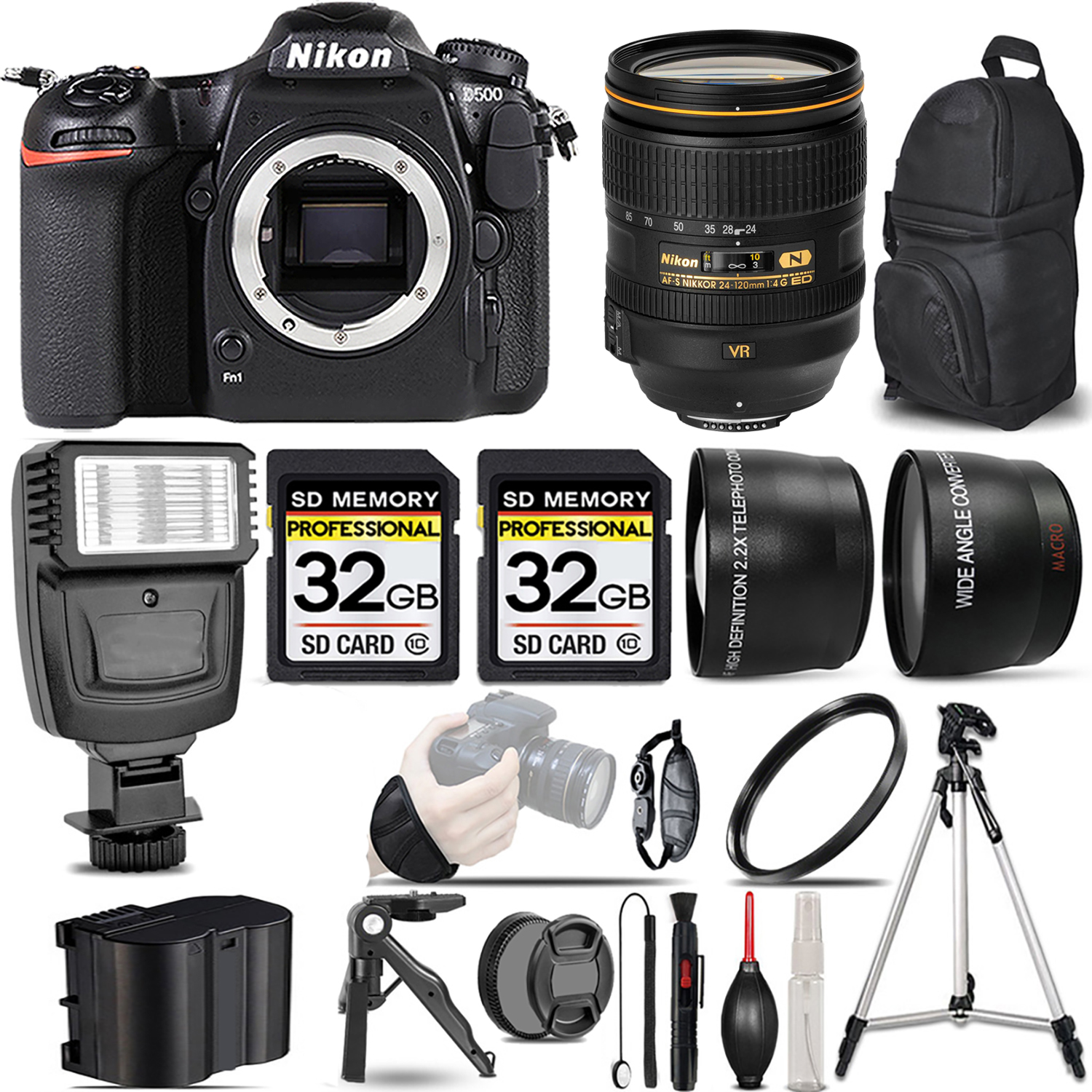 D500 DSLR Camera + 24-120mm f/4G ED VR Lens + Flash + 64GB -  Kit *FREE SHIPPING*