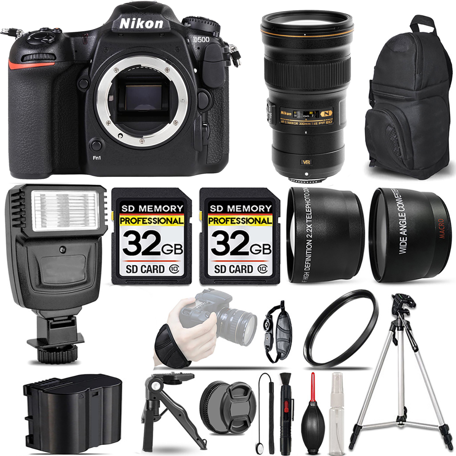 D500 DSLR Camera + 300mm f/4E PF ED VR Lens + Flash + 64GB -  Kit *FREE SHIPPING*
