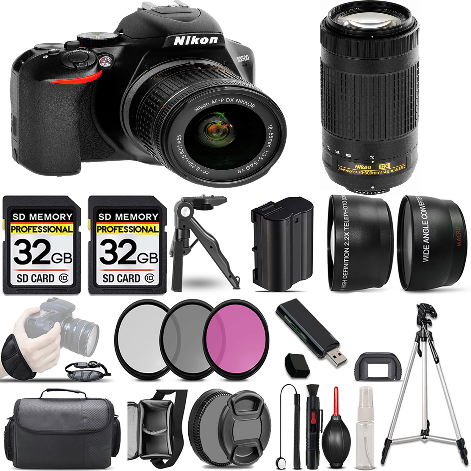 D3500 DSLR Camera with 18-55mm Lens + 70- 300mm Lens + 3 Piece Filter Set + 64GB *FREE SHIPPING*