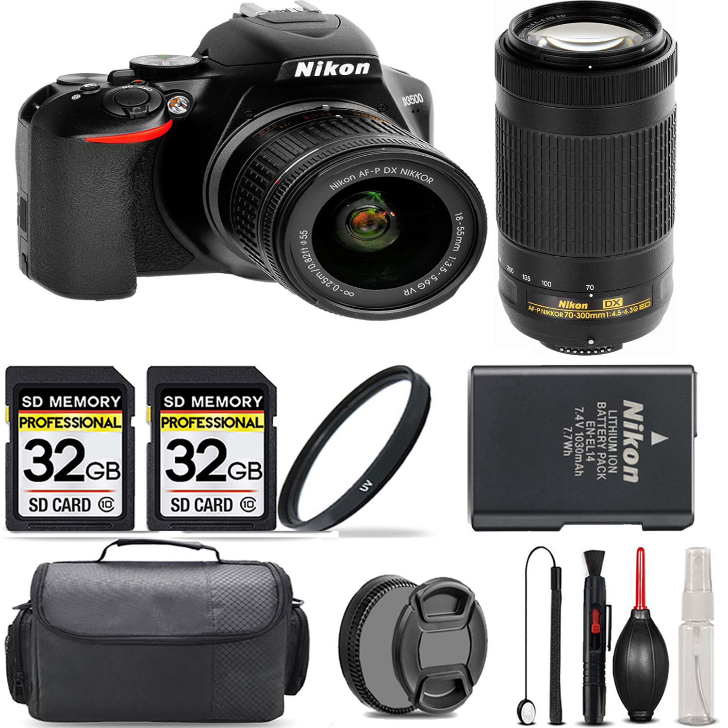 D3500 Camera with 18-55mm Lens + 70- 300mm Lens + UV Filter + 64GB  & More! *FREE SHIPPING*