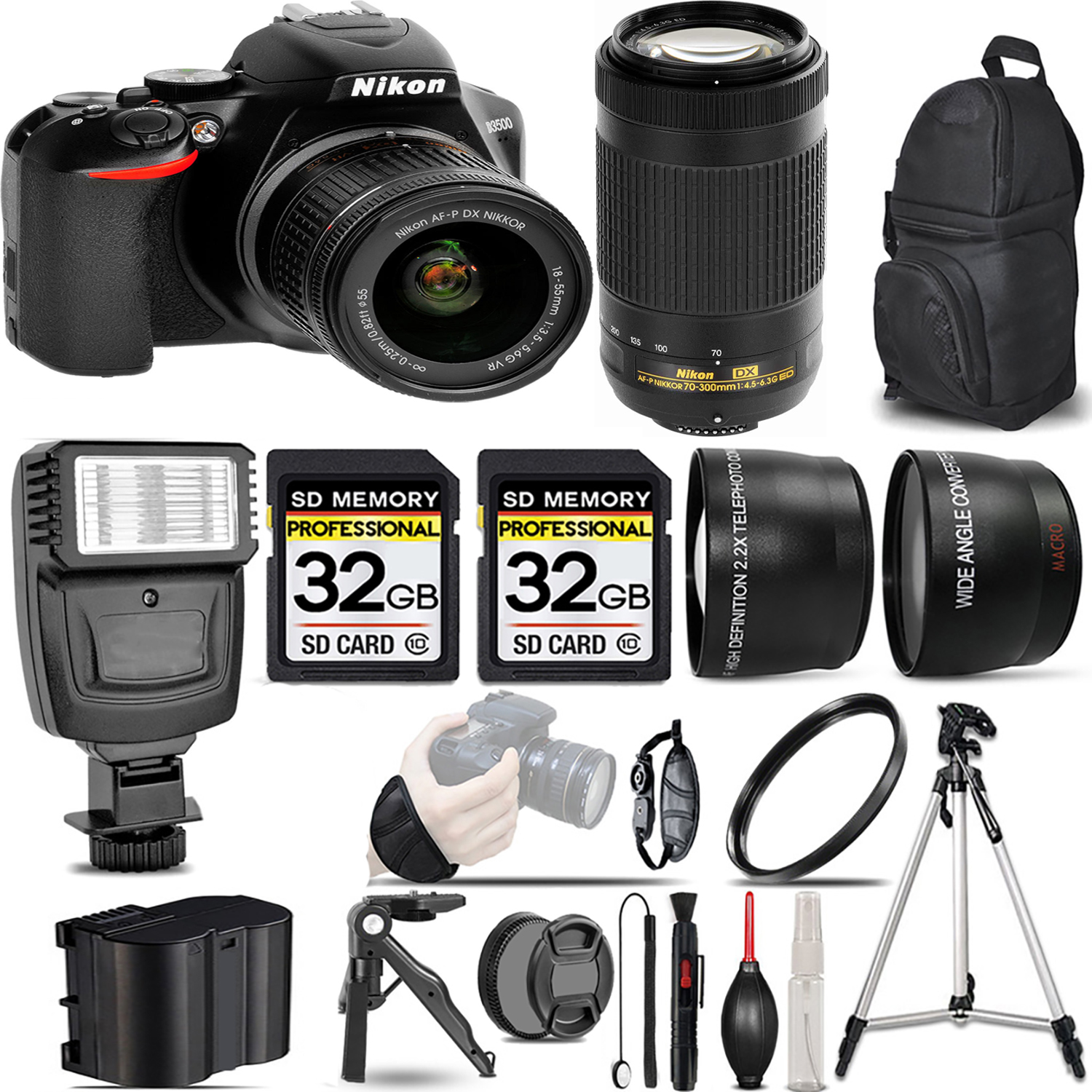 D3500 DSLR Camera with 18-55mm Lens + 70- 300mm Lens + Flash + 64GB -  Kit *FREE SHIPPING*