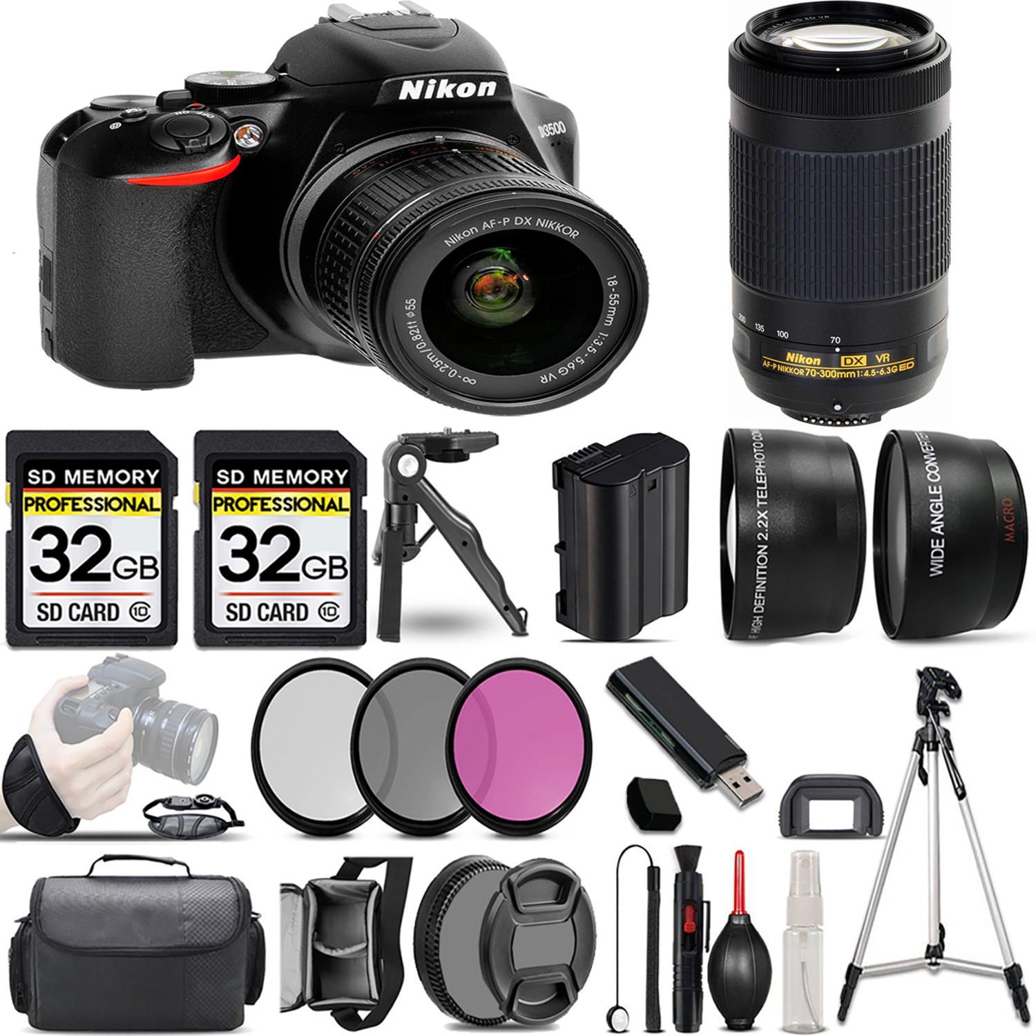 D3500 DSLR Camera with 18-55mm Lens + 70- 300mm VR Lens + 3 Piece Filter Set + 64GB *FREE SHIPPING*