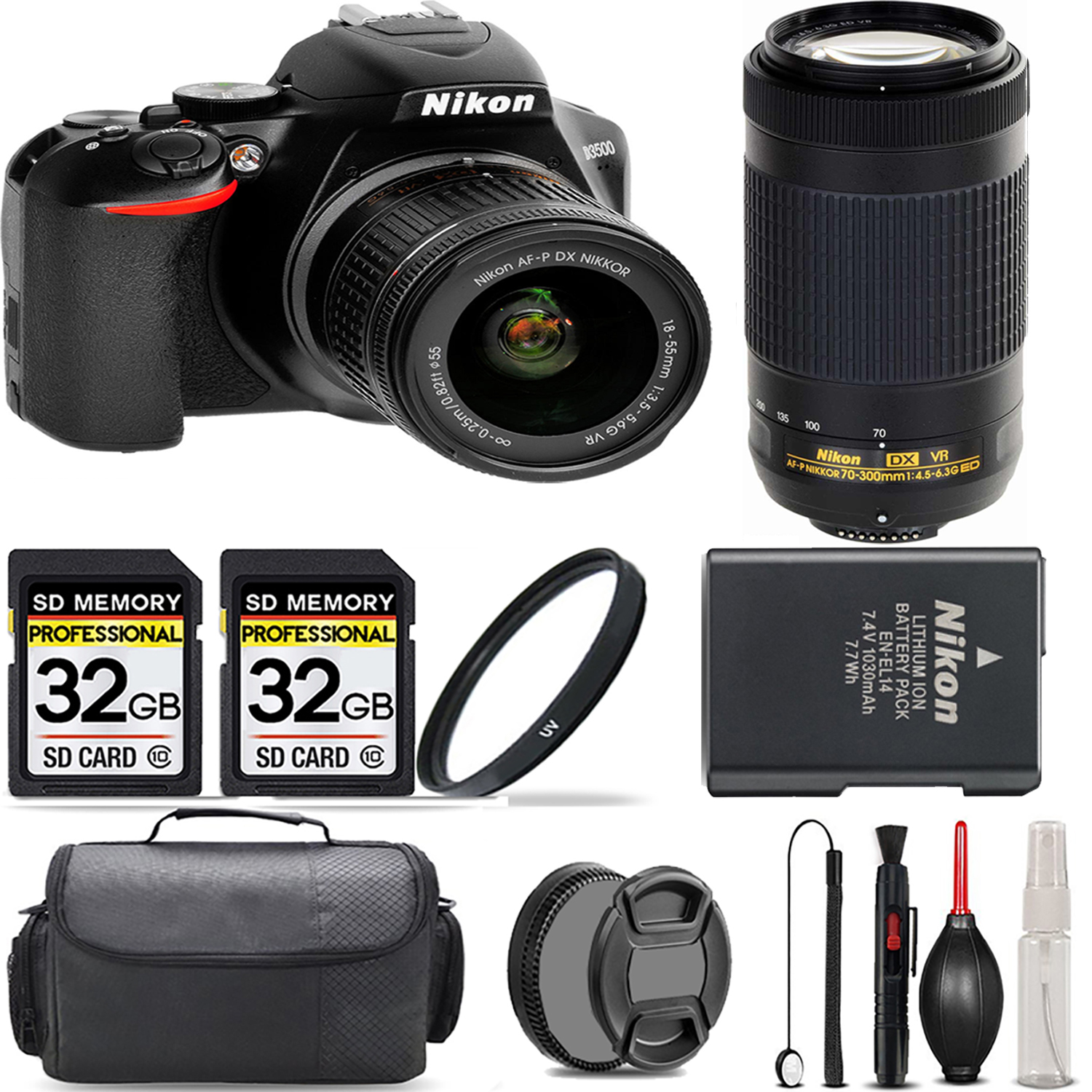 D3500 Camera with 18-55mm Lens + 70- 300mm VR Lens + UV Filter + 64GB  & More! *FREE SHIPPING*