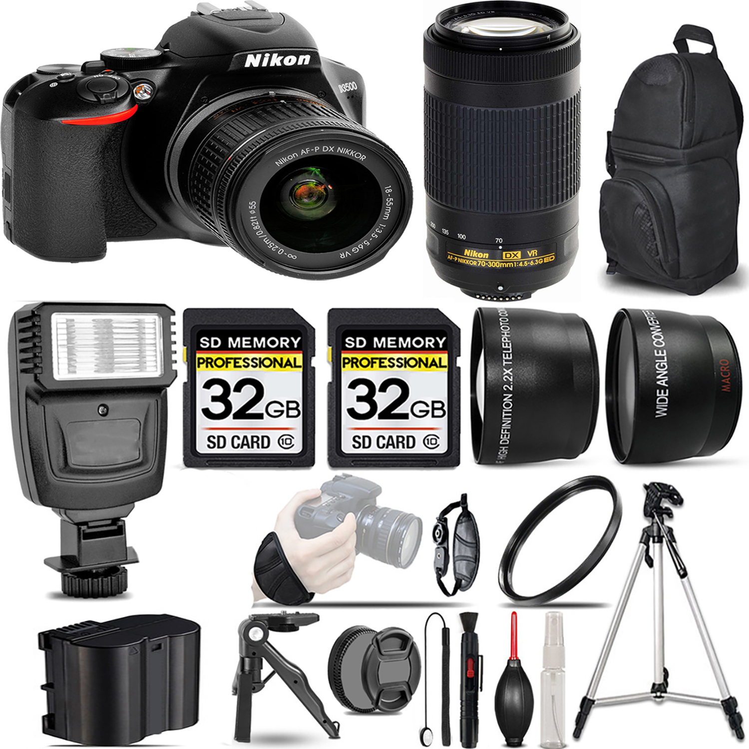 D3500 DSLR Camera with 18-55mm Lens + 70- 300mm VR Lens + Flash + 64GB -  Kit *FREE SHIPPING*