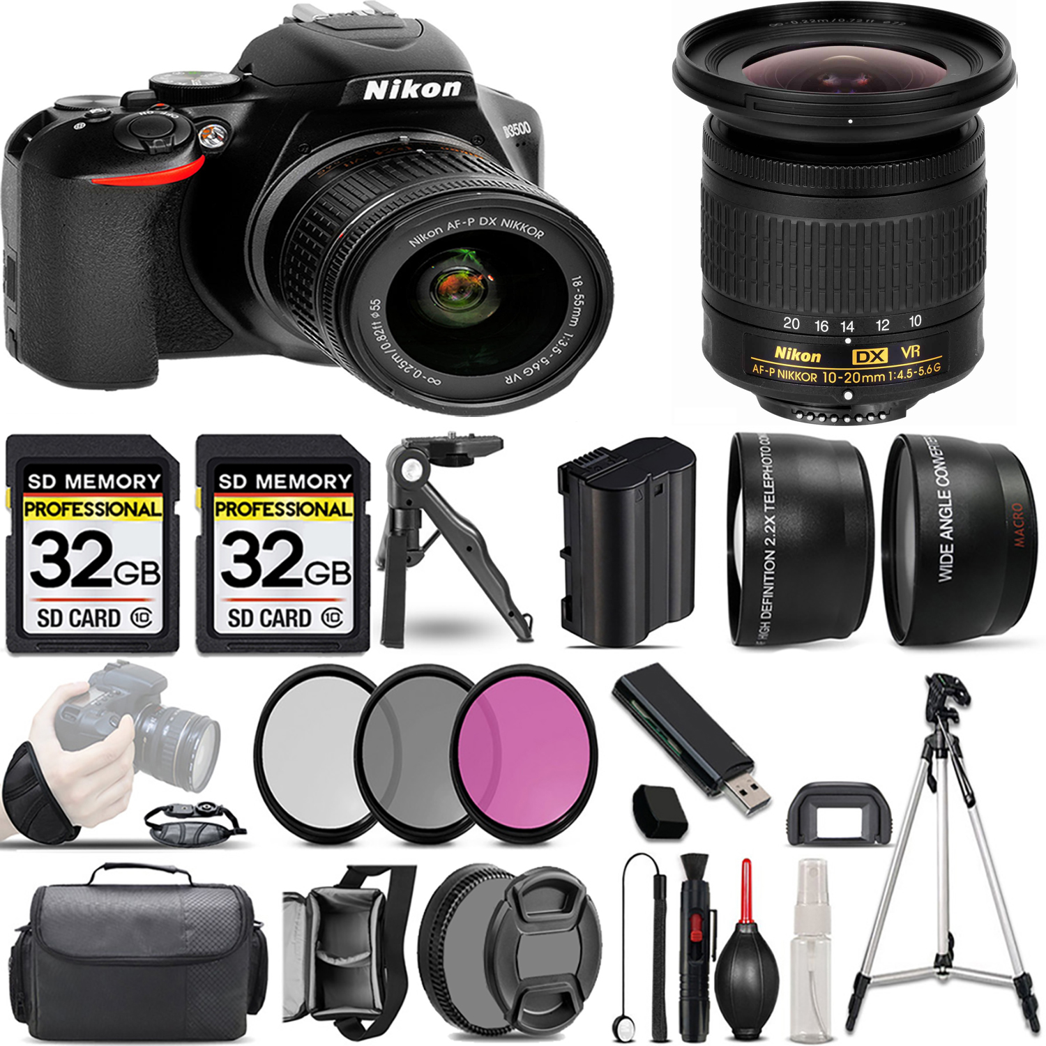 D3500 DSLR Camera with 18-55mm Lens + 10-20mm Lens + 3 Piece Filter Set + 64GB *FREE SHIPPING*