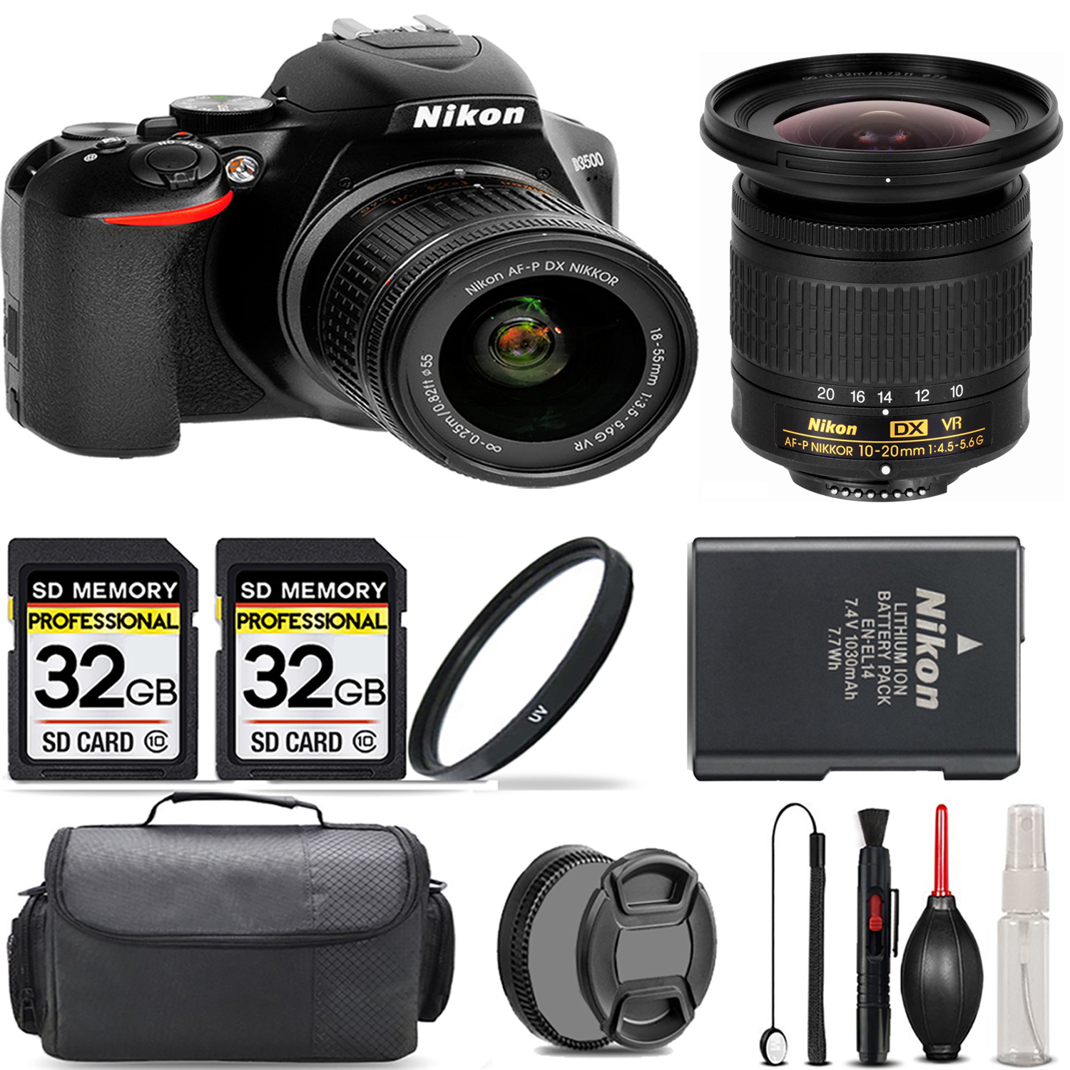 D3500 Camera with 18-55mm Lens + 10-20mm Lens + UV Filter + 64GB  & More! *FREE SHIPPING*