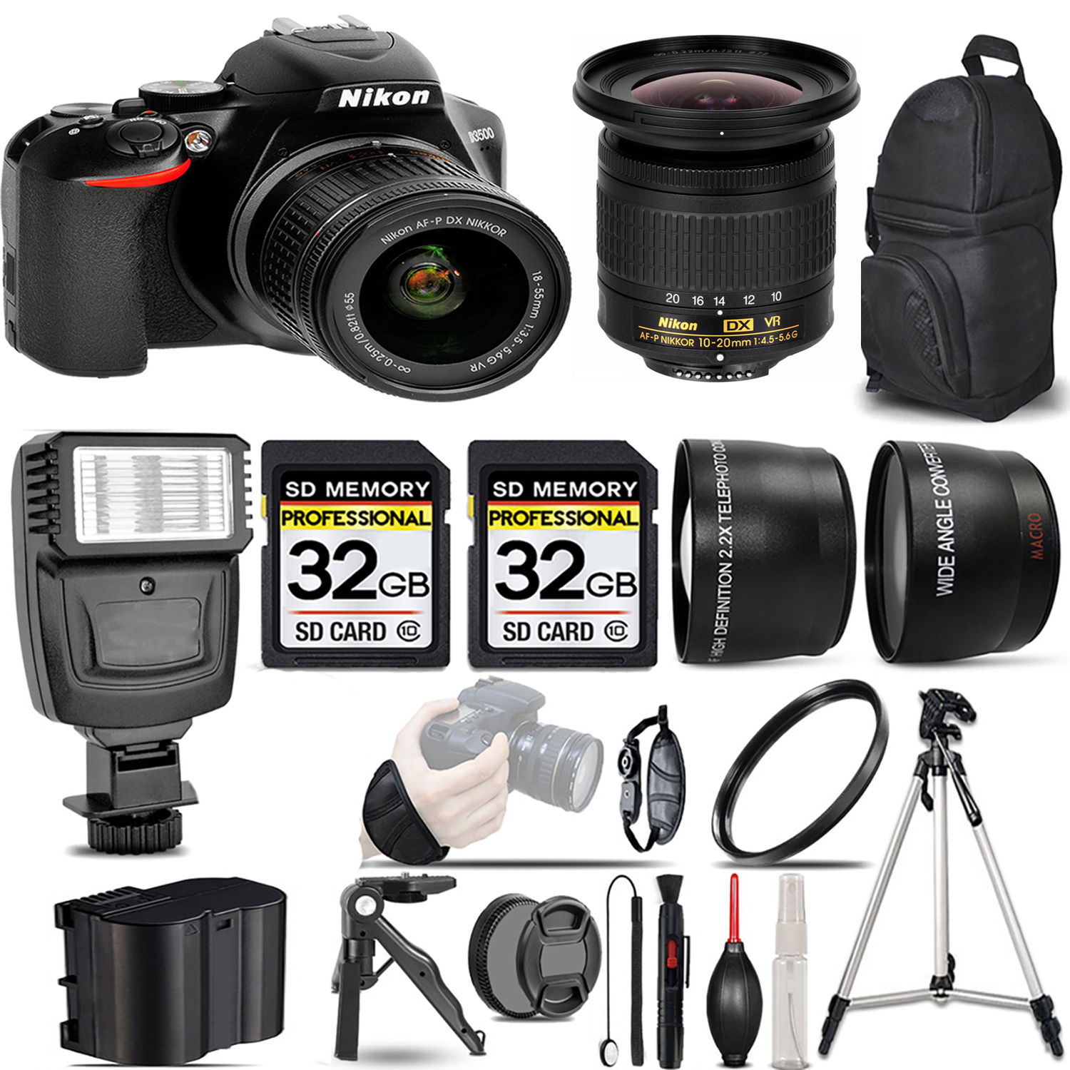 D3500 DSLR Camera with 18-55mm Lens + 10-20mm Lens + Flash + 64GB -  Kit *FREE SHIPPING*