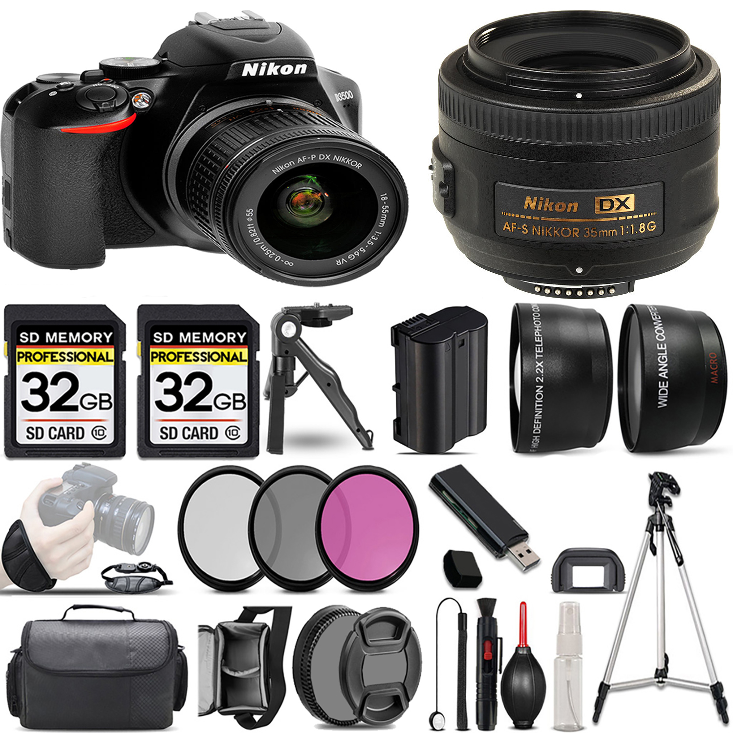 D3500 DSLR Camera with 18-55mm Lens + 35mm f/1.8 G Lens + 3 Piece Filter Set + 64GB *FREE SHIPPING*