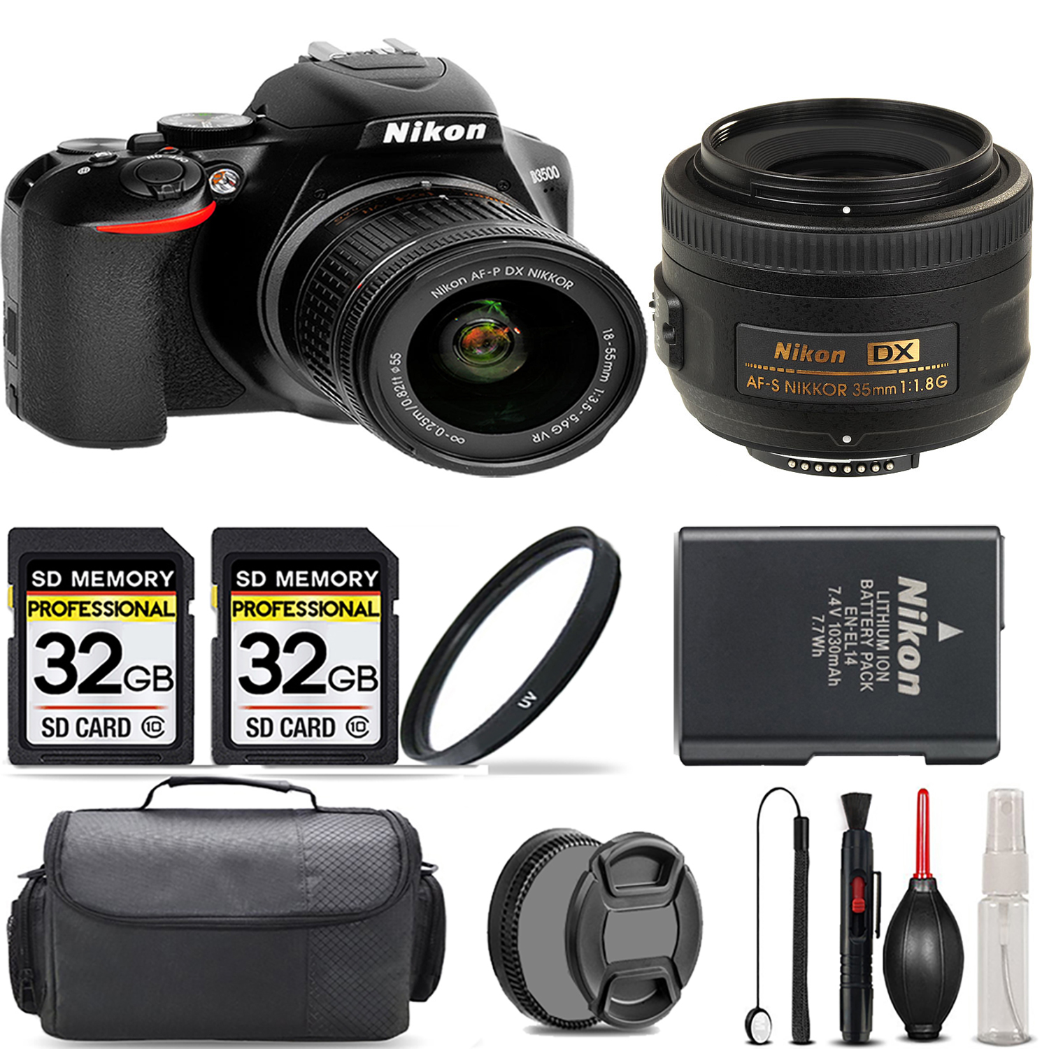 D3500 Camera with 18-55mm Lens + 35mm Lens + UV Filter + 64GB  & More! *FREE SHIPPING*