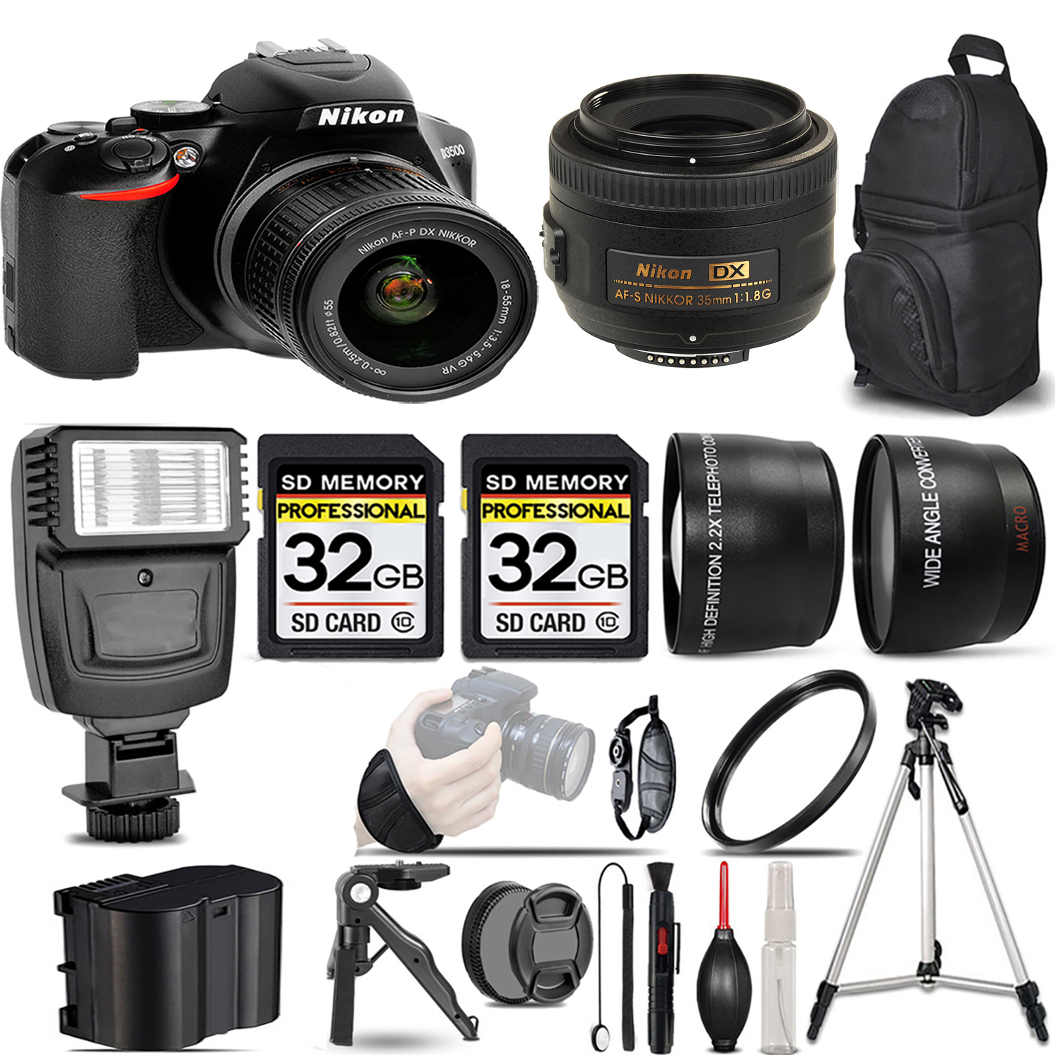 D3500 DSLR Camera with 18-55mm Lens + 35mm f/1.8 G Lens + Flash + 64GB -  Kit *FREE SHIPPING*