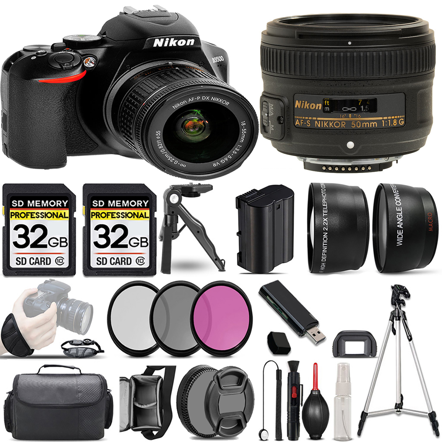D3500 DSLR Camera with 18-55mm Lens + 50mm f/1.8 Lens + 3 Piece Filter Set + 64GB *FREE SHIPPING*