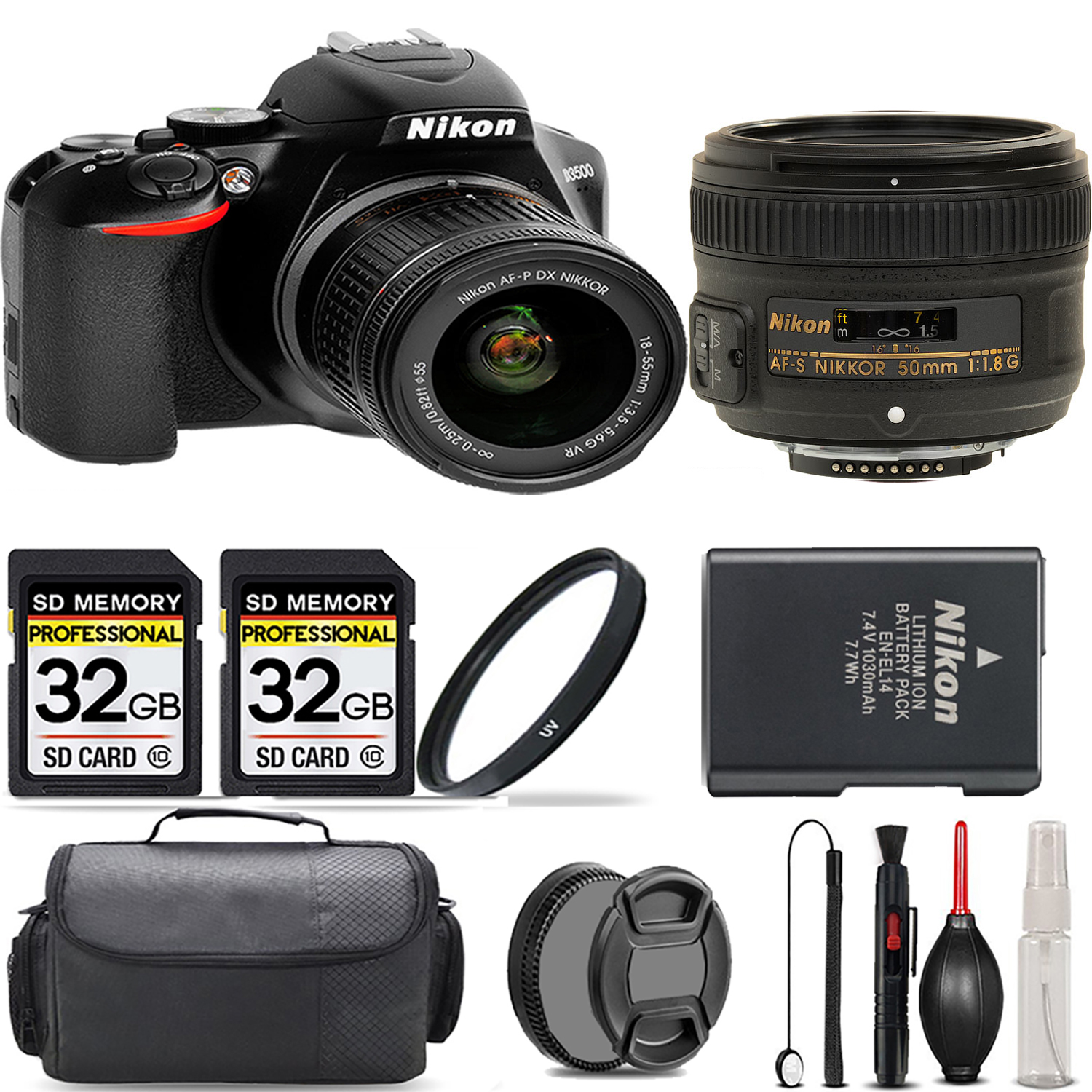 D3500 Camera with 18-55mm Lens + 50mm + UV Filter + 64GB  & More! *FREE SHIPPING*