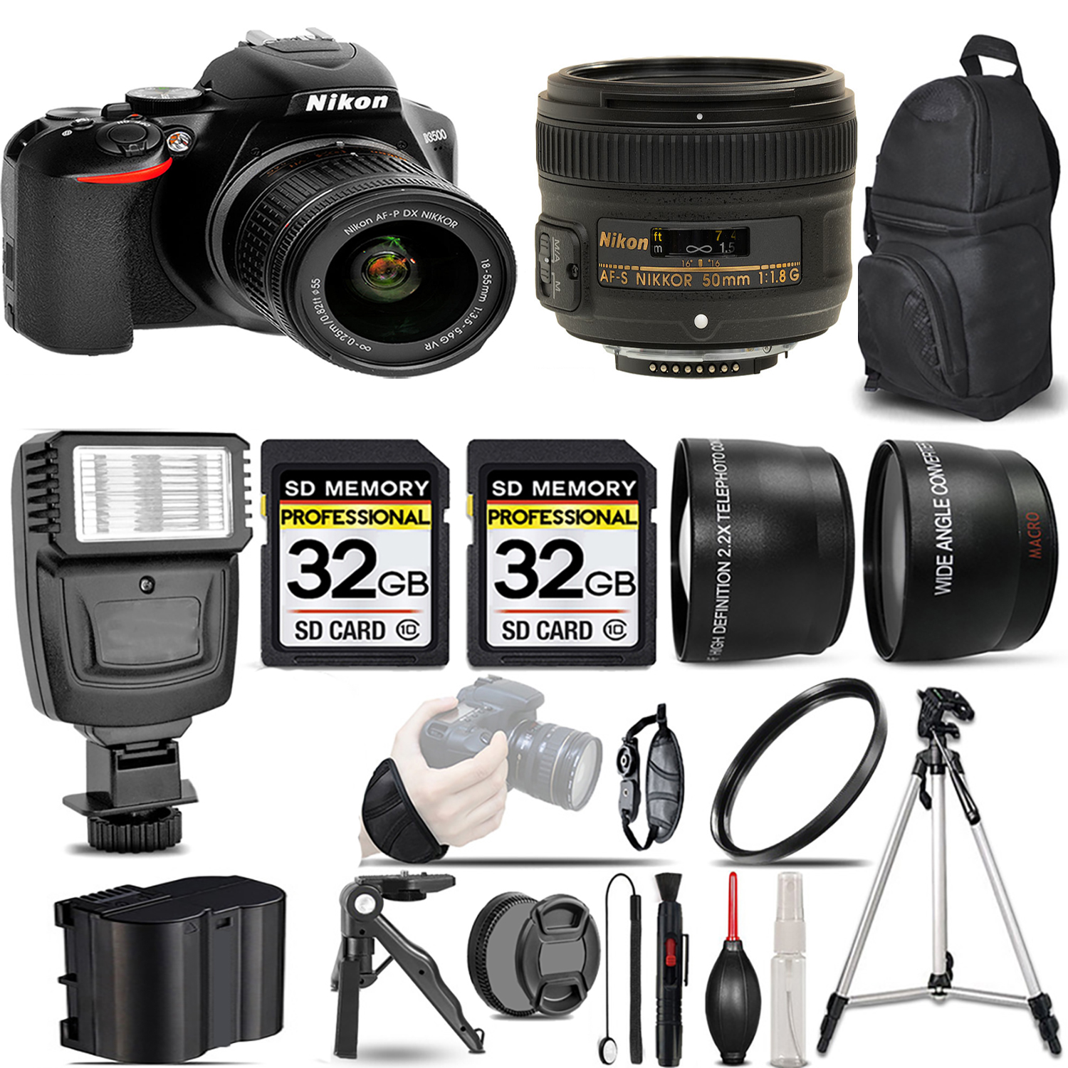 D3500 DSLR Camera with 18-55mm Lens + 50mm f/1.8 Lens + Flash + 64GB -  Kit *FREE SHIPPING*
