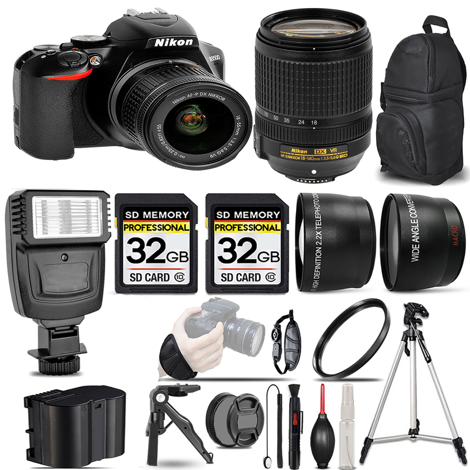 D3500 DSLR Camera with 18-55mm Lens + 18-140mm Lens + Flash + 64GB -  Kit *FREE SHIPPING*