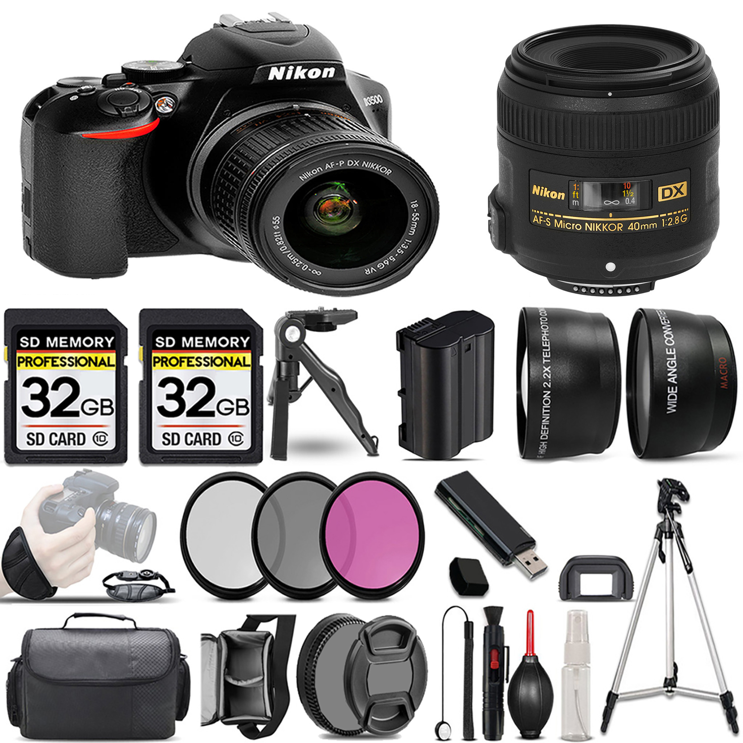 D3500 DSLR Camera with 18-55mm Lens + 40mm Lens + 3 Piece Filter Set + 64GB *FREE SHIPPING*