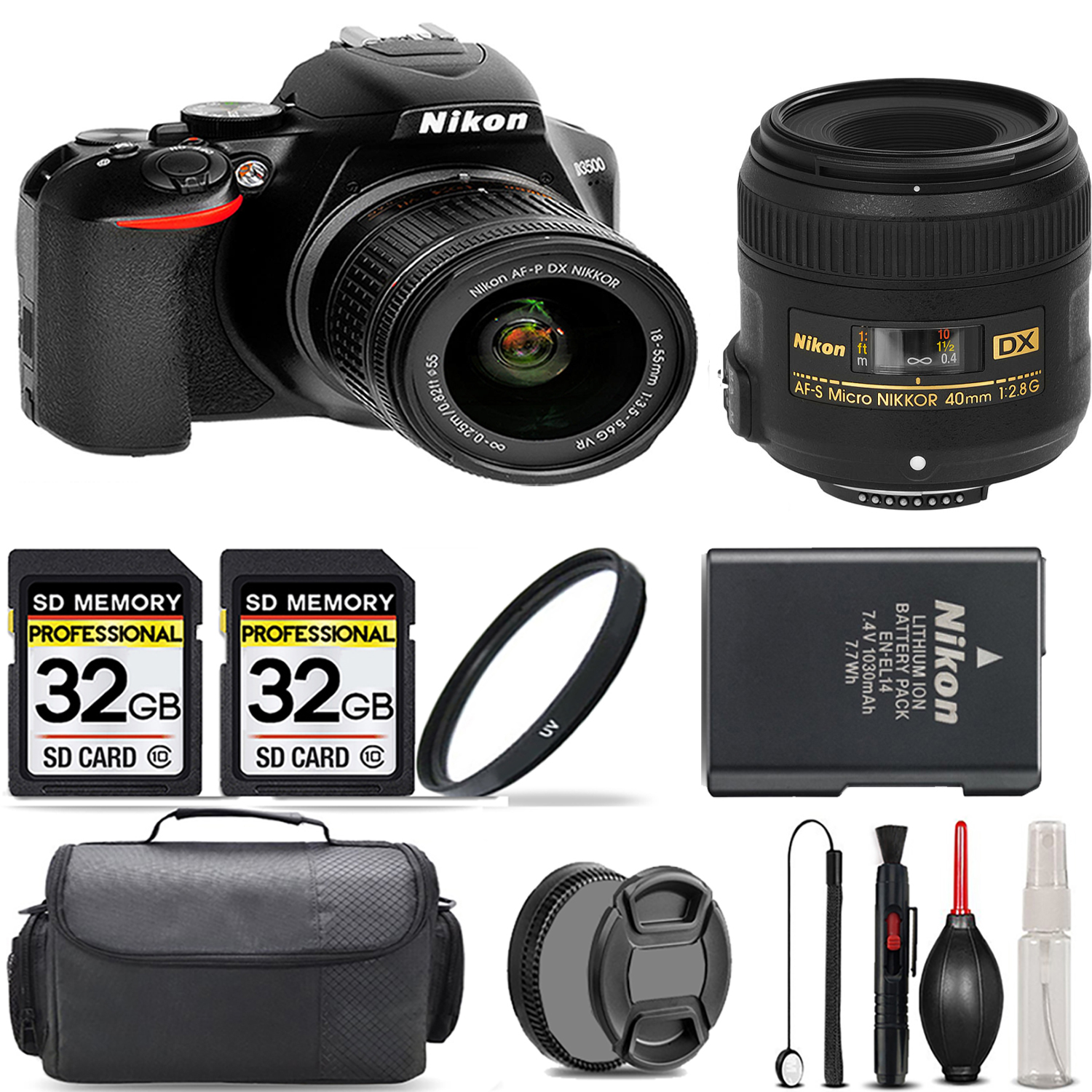D3500 Camera with 18-55mm Lens + 40mm Lens + UV Filter + 64GB  & More! *FREE SHIPPING*