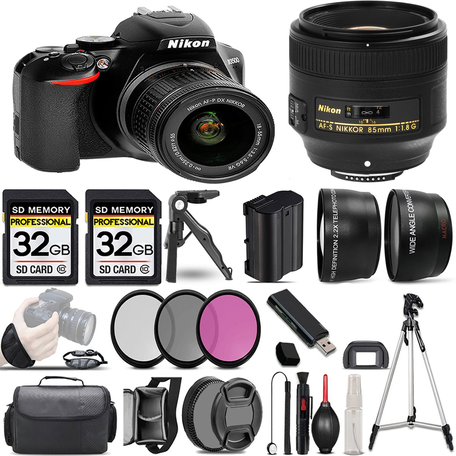 D3500 DSLR Camera with 18-55mm Lens + 85mm f/1.8G Lens + 3 Piece Filter Set + 64GB *FREE SHIPPING*