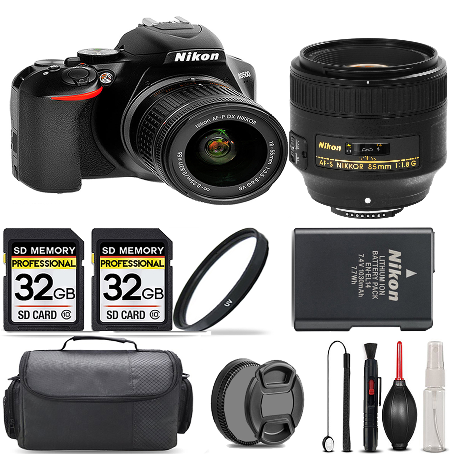 D3500 Camera with 18-55mm Lens + 85mm Lens + UV Filter + 64GB  & More! *FREE SHIPPING*