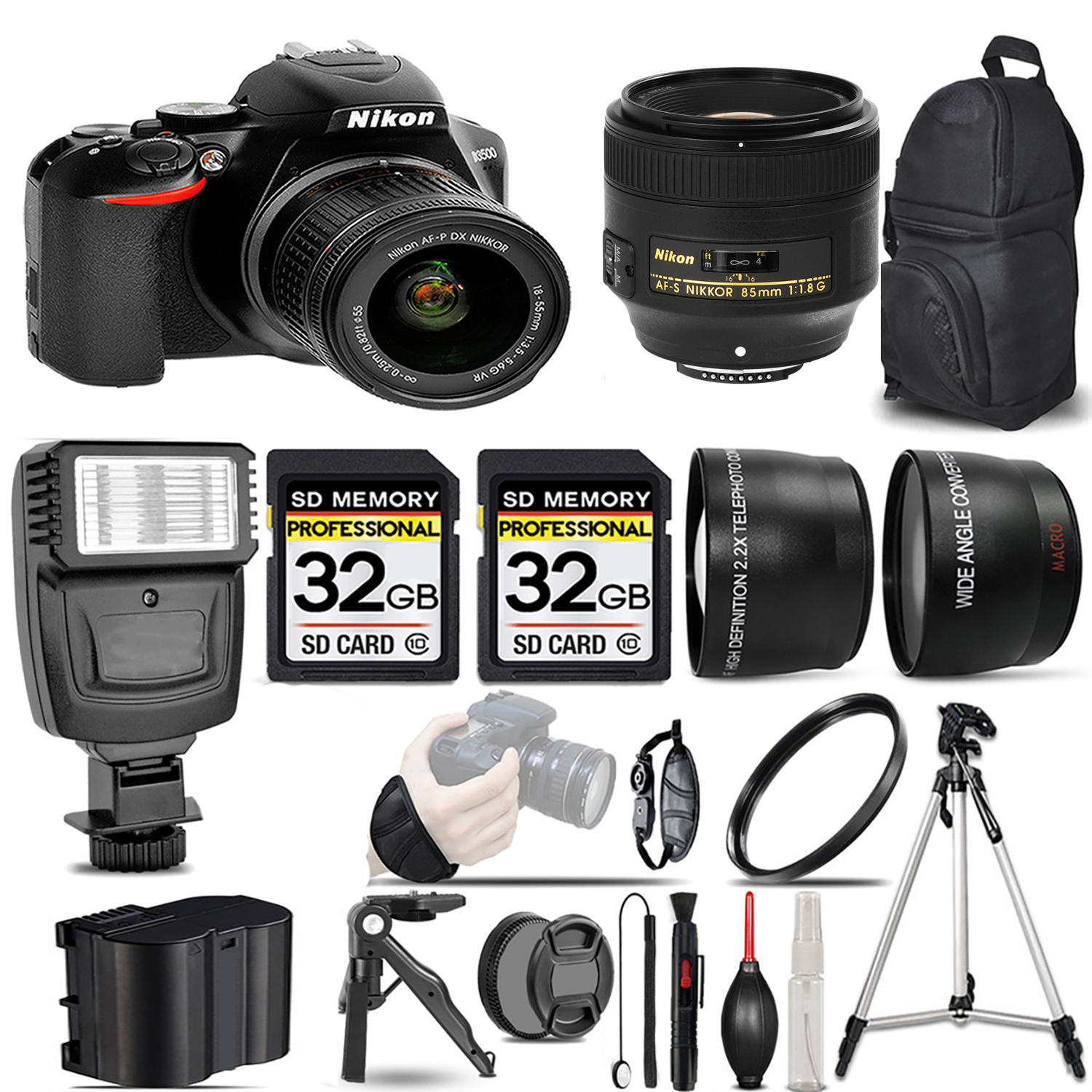 D3500 DSLR Camera with 18-55mm Lens + 85mm f/1.8G Lens + Flash + 64GB -  Kit *FREE SHIPPING*