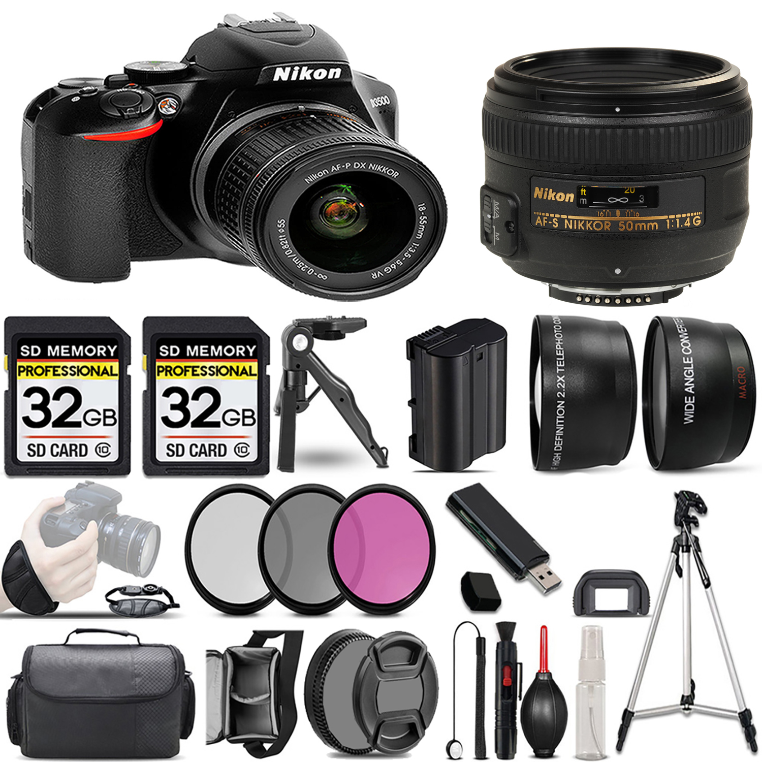 D3500 DSLR Camera with 18-55mm Lens + 50mm f/1.4G Lens + 3 Piece Filter Set + 64GB *FREE SHIPPING*