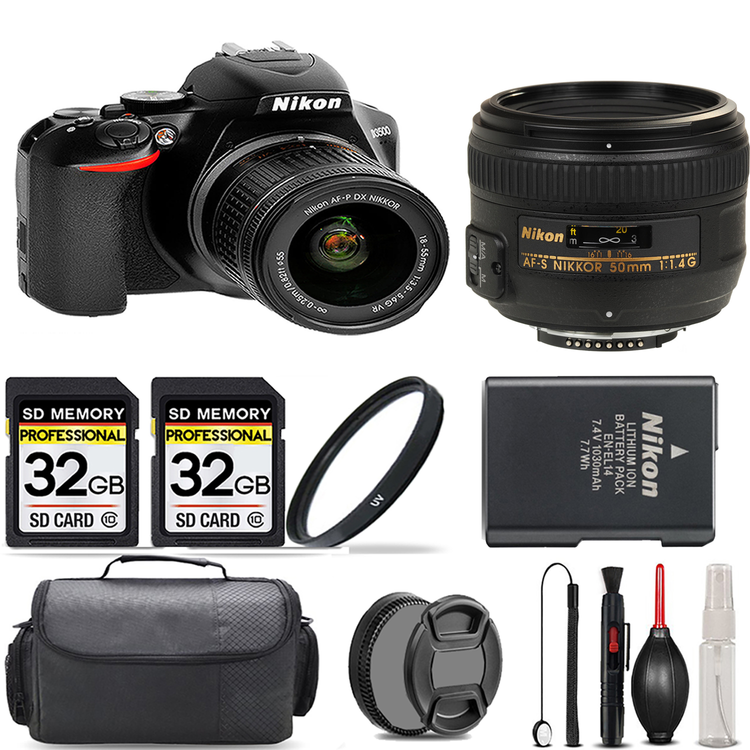 D3500 Camera with 18-55mm Lens + 50mm Lens + UV Filter + 64GB  & More! *FREE SHIPPING*