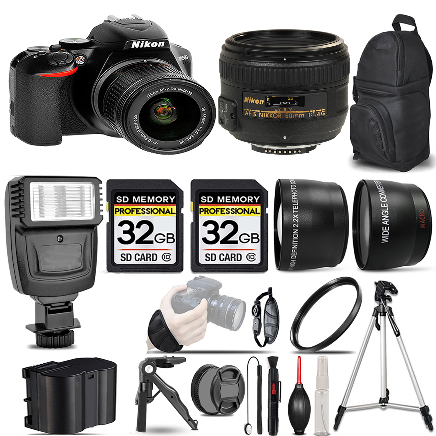 D3500 DSLR Camera with 18-55mm Lens + 50mm f/1.4G Lens + Flash + 64GB -  Kit *FREE SHIPPING*