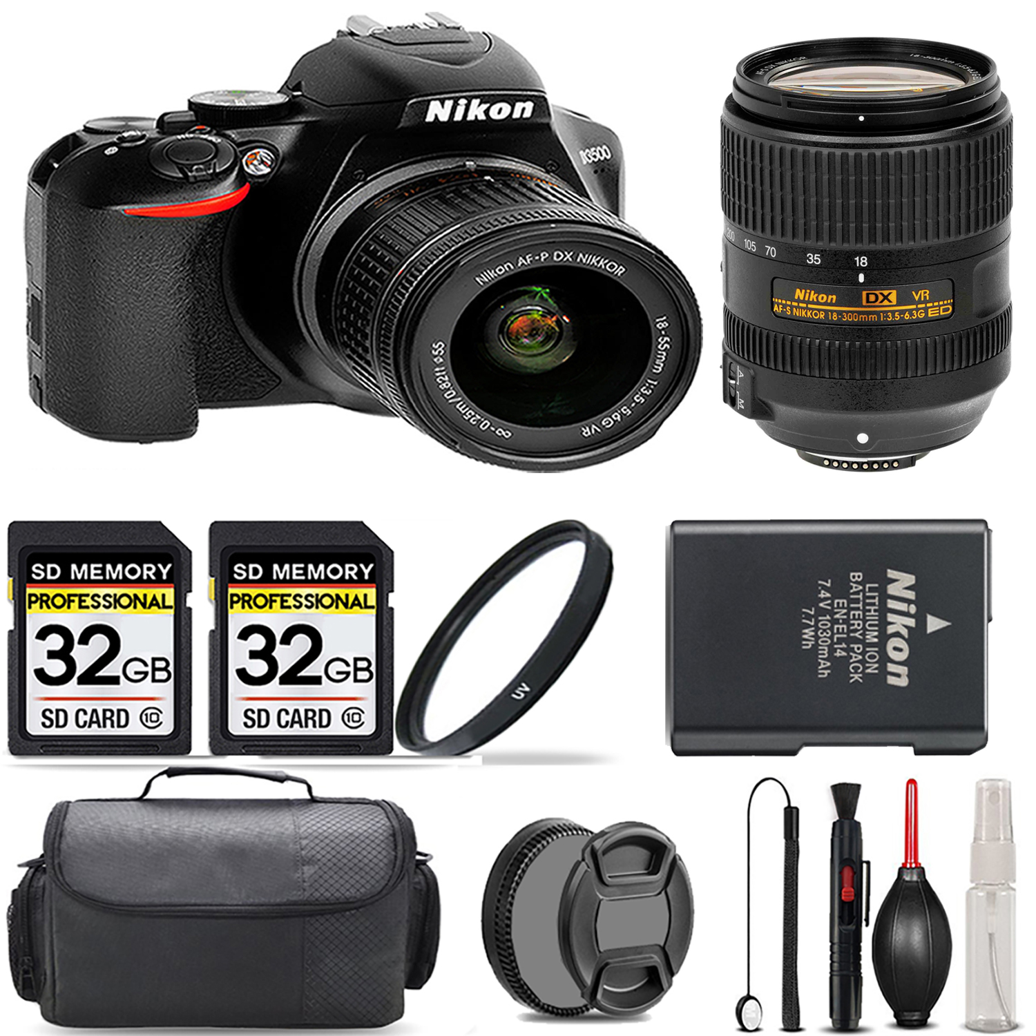 D3500 Camera with 18-55mm Lens + 18- 300mm Lens + UV Filter + 64GB  & More! *FREE SHIPPING*