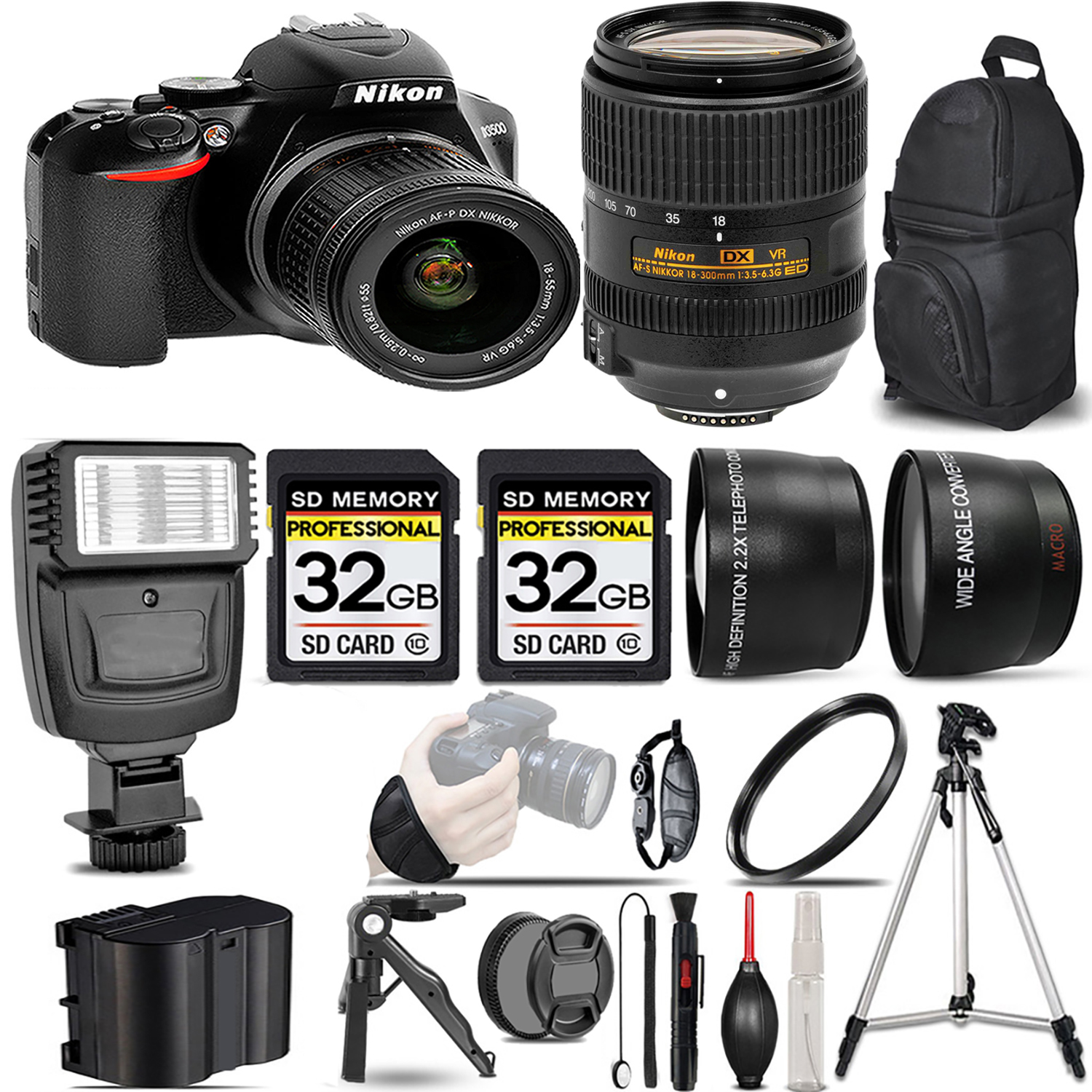 D3500 DSLR Camera with 18-55mm Lens + 18- 300mm Lens + Flash + 64GB -  Kit *FREE SHIPPING*