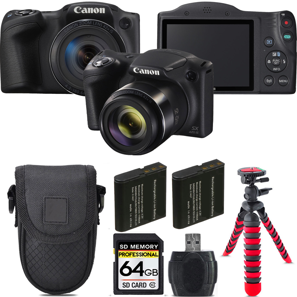 PowerShot SX420 IS Camera (Black) + Extra Bat + Tripod + Case - 64GB *FREE SHIPPING*