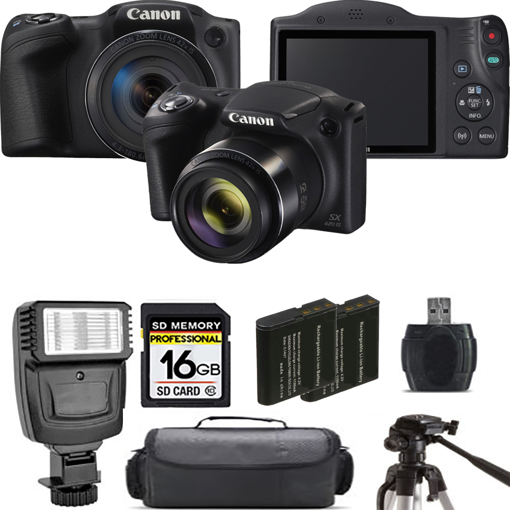 PowerShot SX420 IS Camera (Black) + Extra Bat + Flash - 16GB Kit *FREE SHIPPING*
