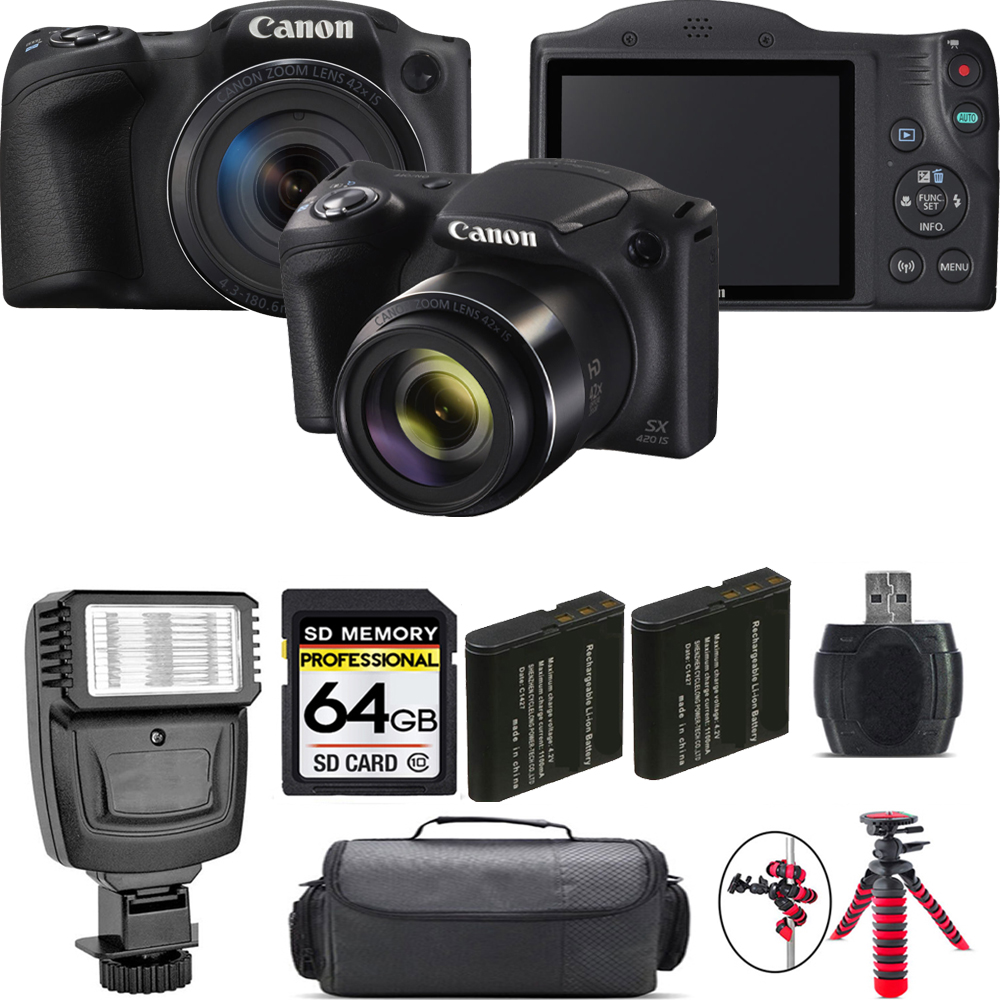 PowerShot SX420 IS Camera (Black) + Extra Bat + Flash - 64GB Kit *FREE SHIPPING*