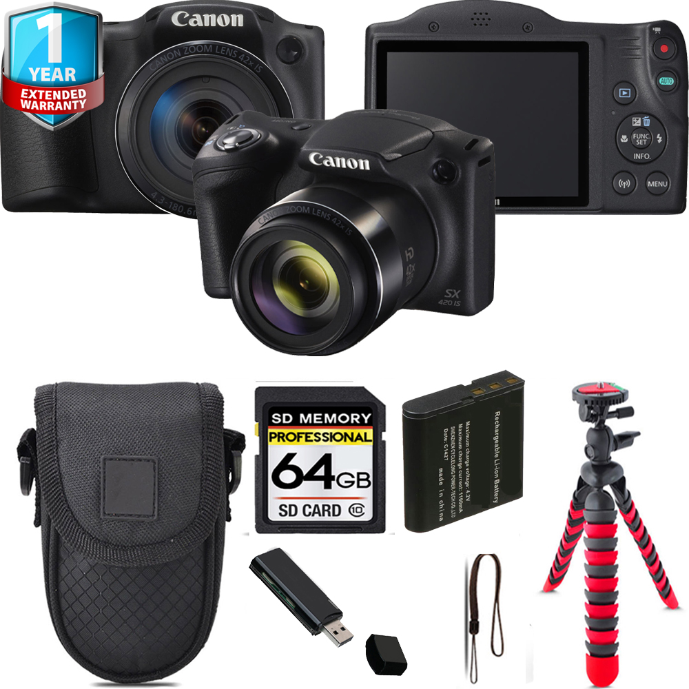 PowerShot SX420 IS Camera (Black) + Tripod + 1 Year Extended Warranty - 64GB Kit *FREE SHIPPING*