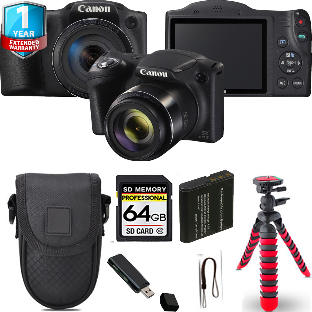 PowerShot SX420 IS Camera (Black) + Spider Tripod + 1 Year Extended Warranty - 64GB *FREE SHIPPING*