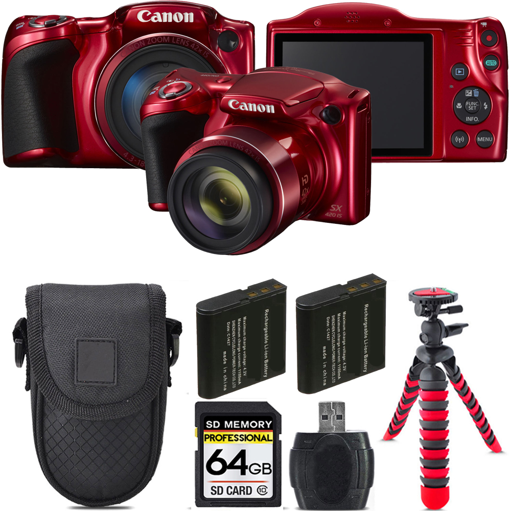 PowerShot SX420 IS Camera (Red) + Extra Bat + Tripod + Case - 64GB *FREE SHIPPING*