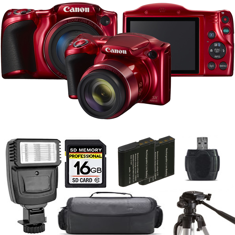 PowerShot SX420 IS Camera (Red) + Extra Bat + Flash - 16GB Kit *FREE SHIPPING*