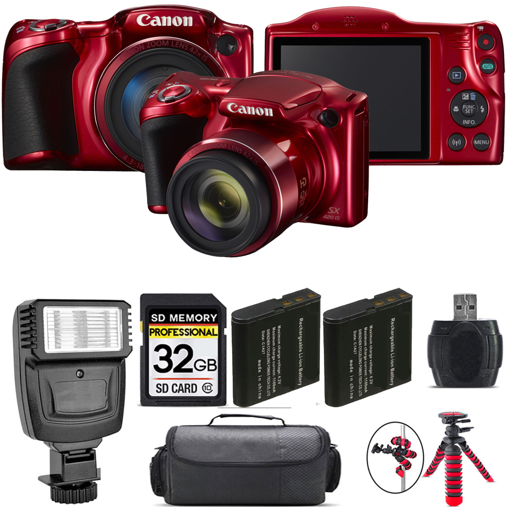 CANON | PowerShot SX420 IS Camera (Red) + Extra Bat + Flash - 32GB