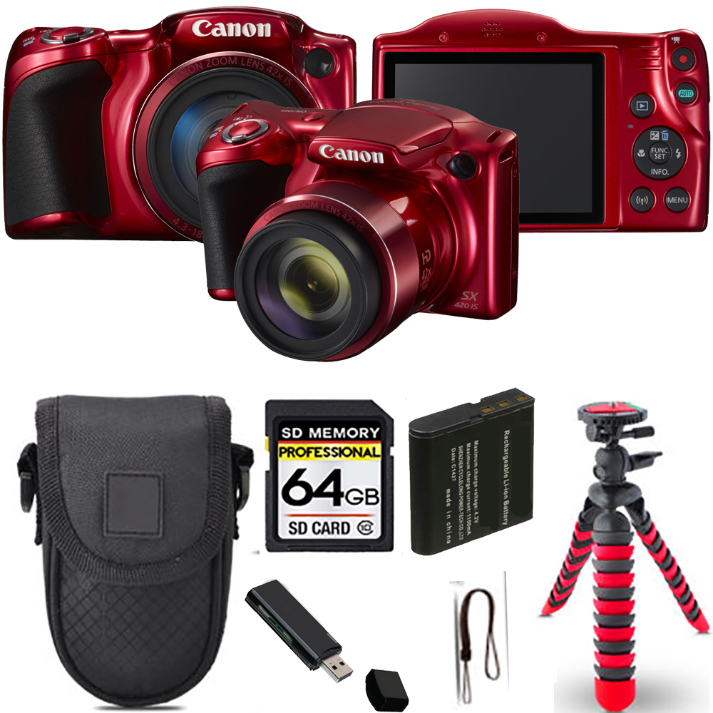 PowerShot SX420 IS Camera (Red) + Spider Tripod + Case - 64GB Kit *FREE SHIPPING*