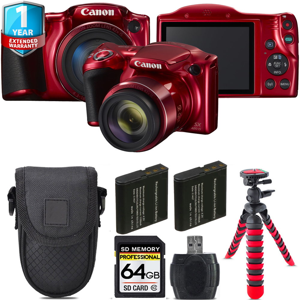 PowerShot SX420 IS Camera (Red) + Extra Battery + Tripod + 1 Year Extended Warranty - 64GB *FREE SHIPPING*